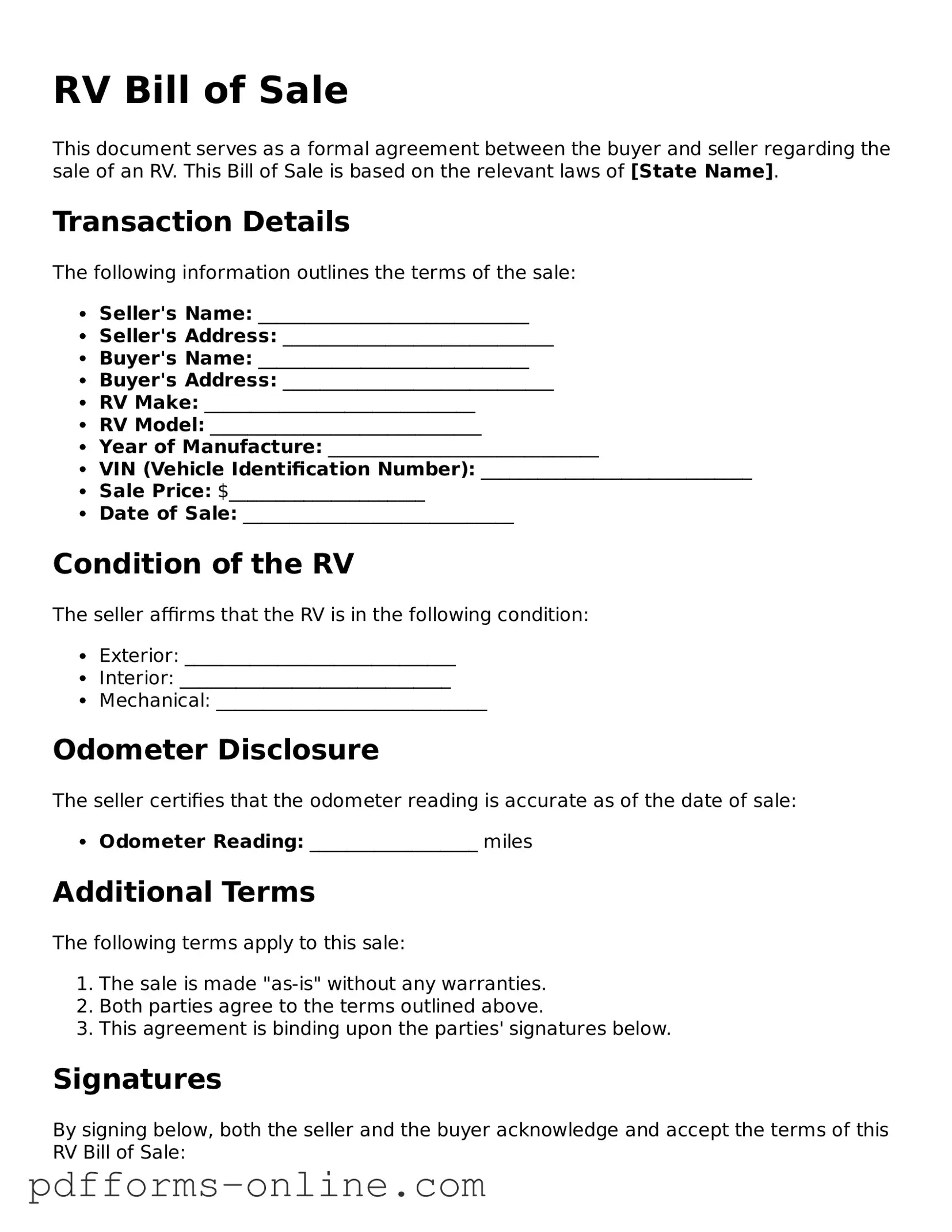 Blank RV Bill of Sale Form