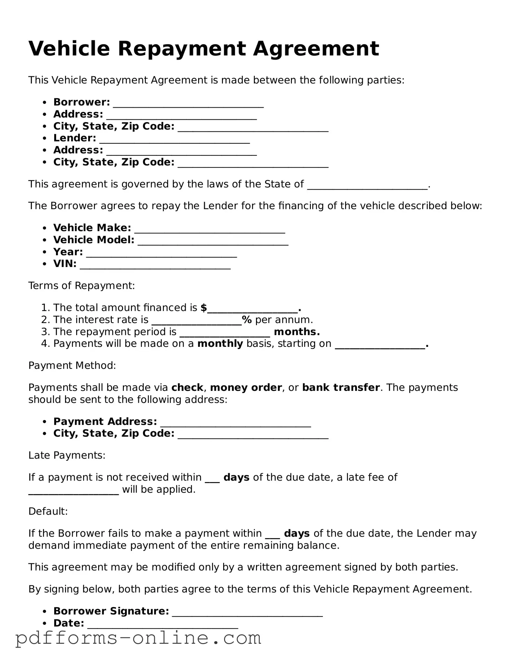 Blank Vehicle Repayment Agreement Form