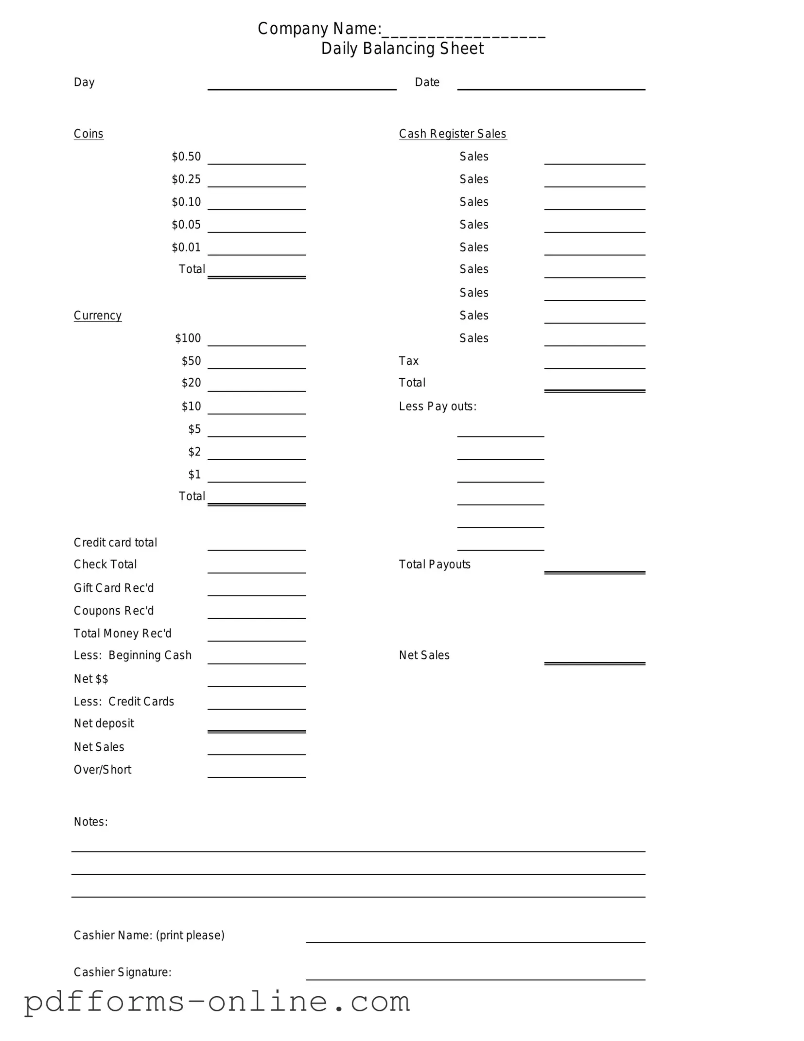 Blank Cash Drawer Count Sheet Template