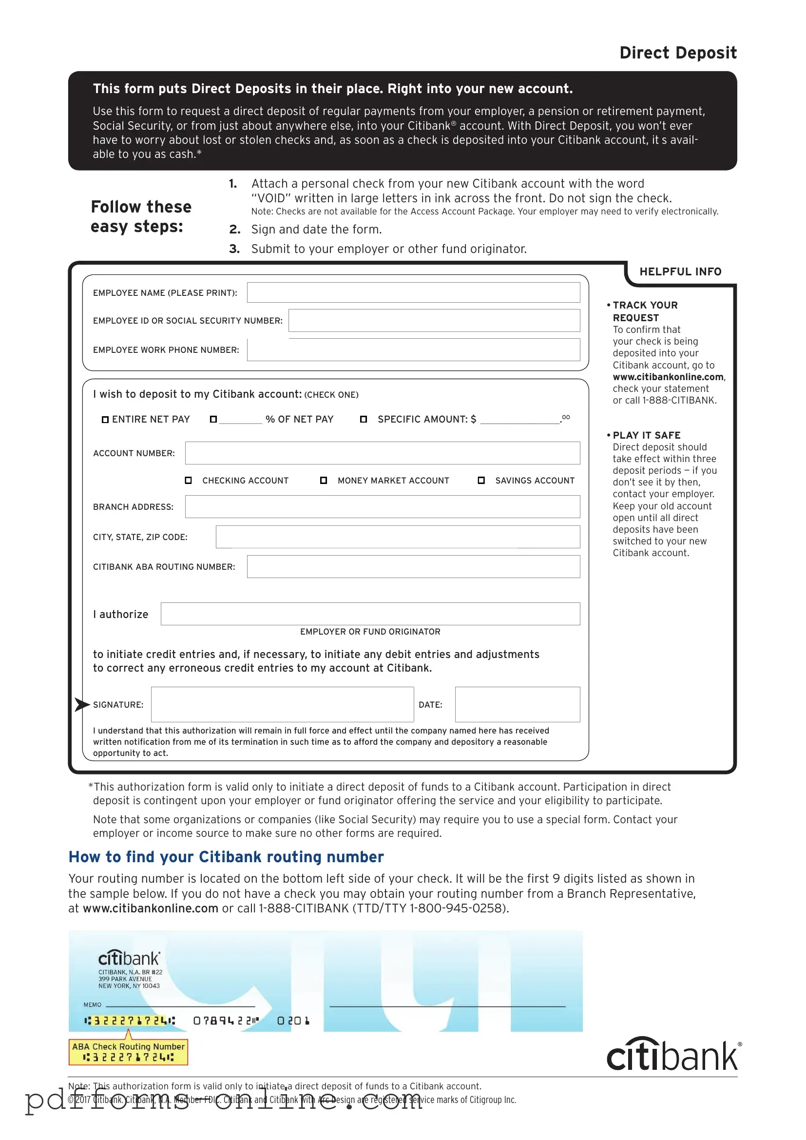 Blank Citibank Direct Deposit Template