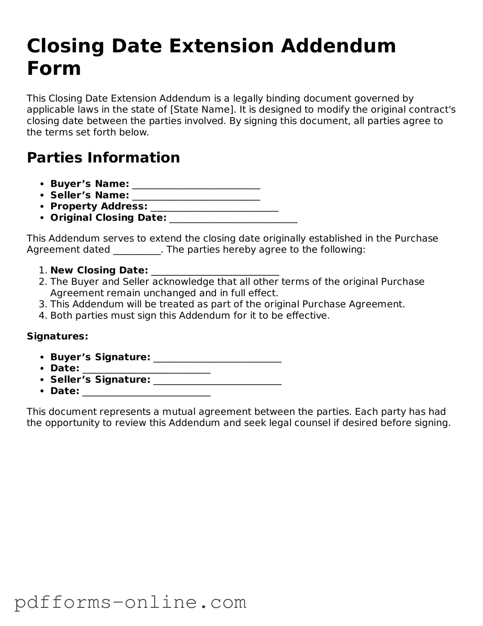 Blank Closing Date Extension Addendum Form Form
