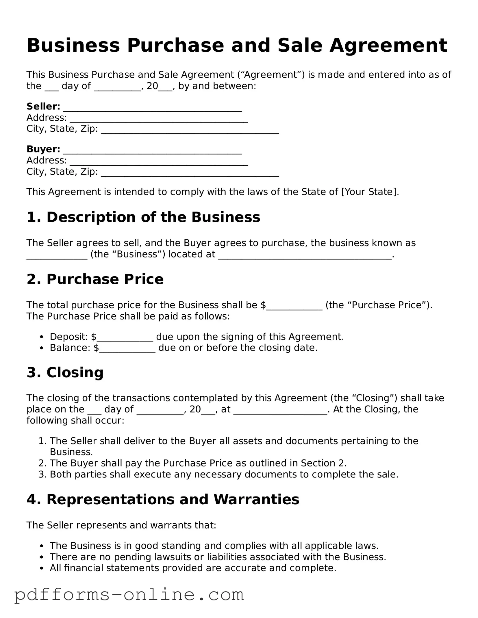 Blank Business Purchase and Sale Agreement Form