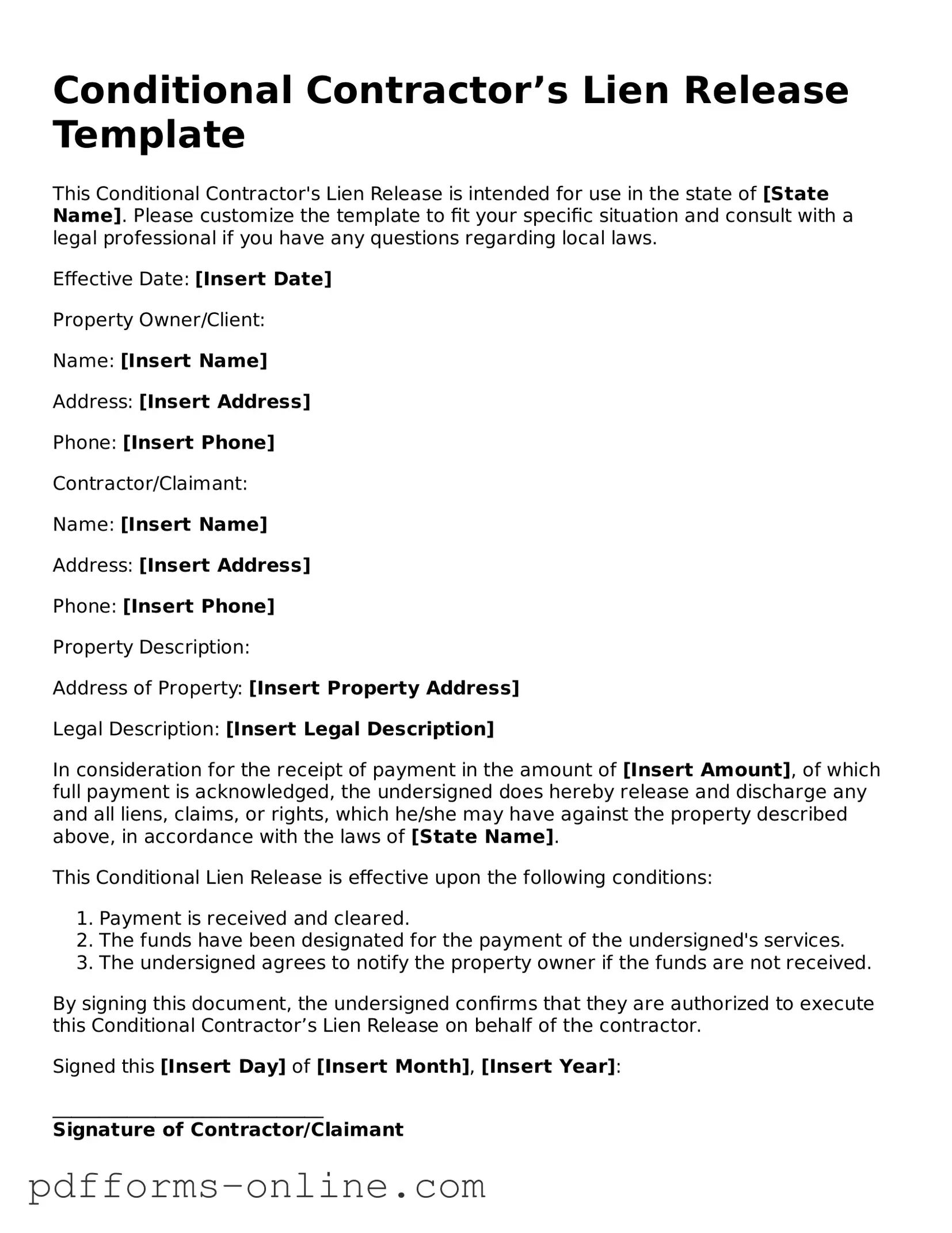Blank Conditional Contractor’s Lien Release Form