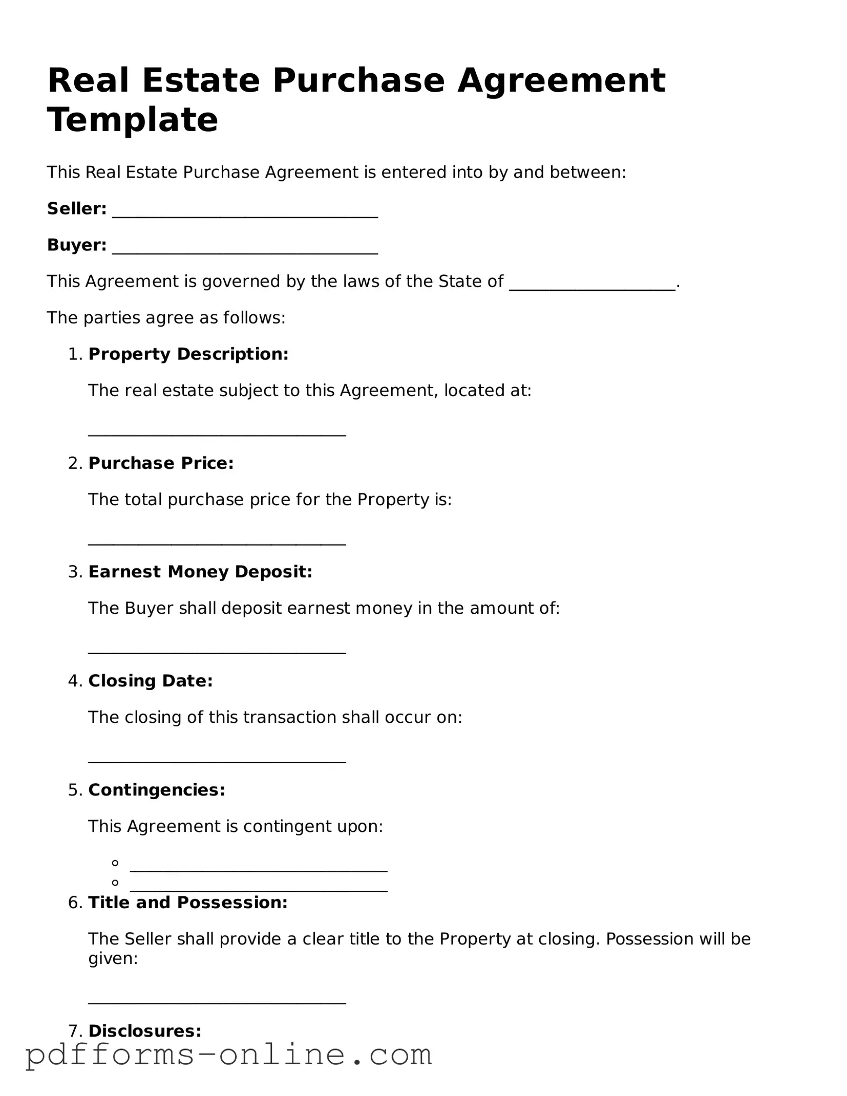 Blank Real Estate Purchase Agreement Form