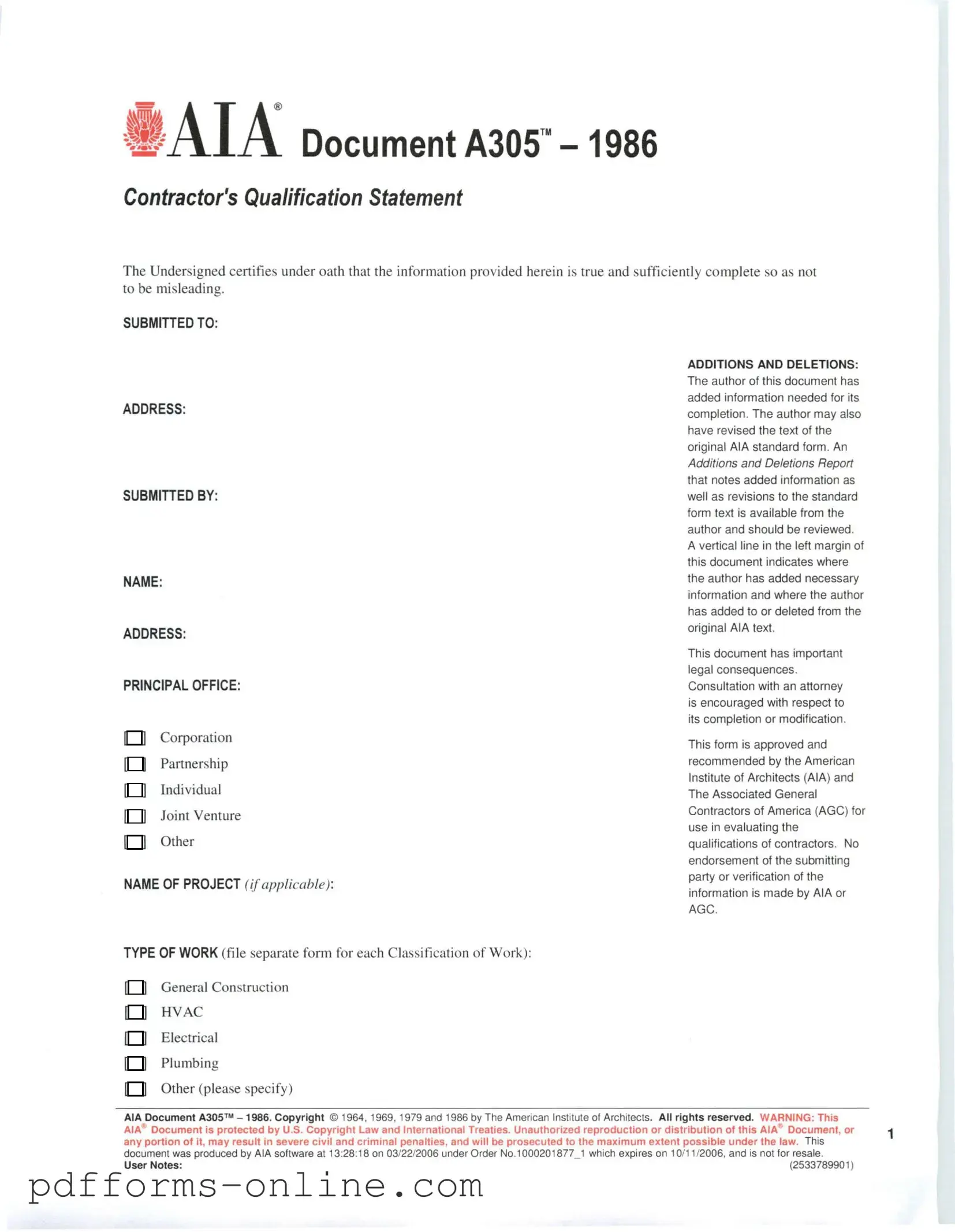 Blank AIA A305 Template