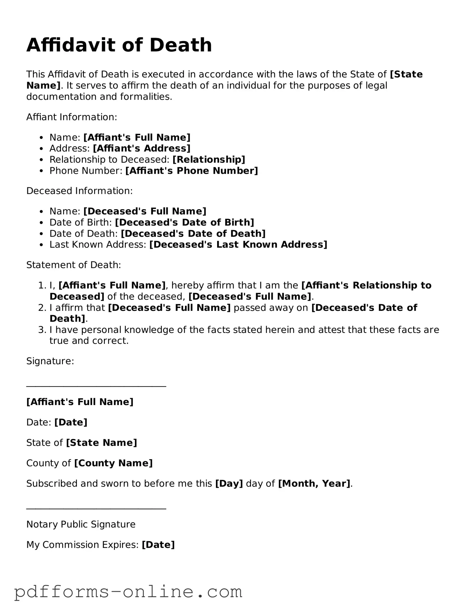 Blank Affidavit of Death Form