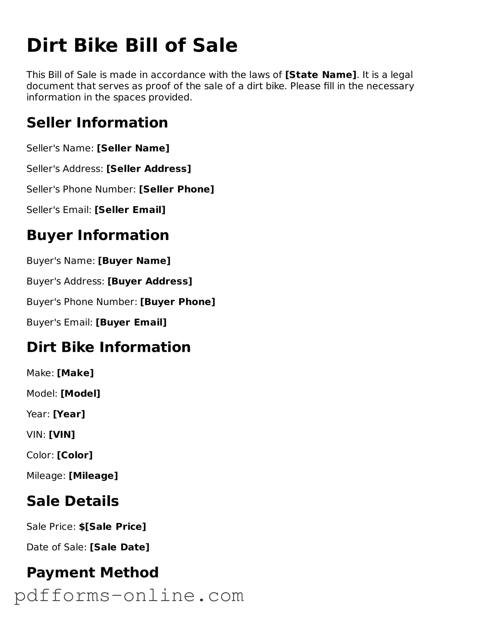 Blank Dirt Bike Bill of Sale Form