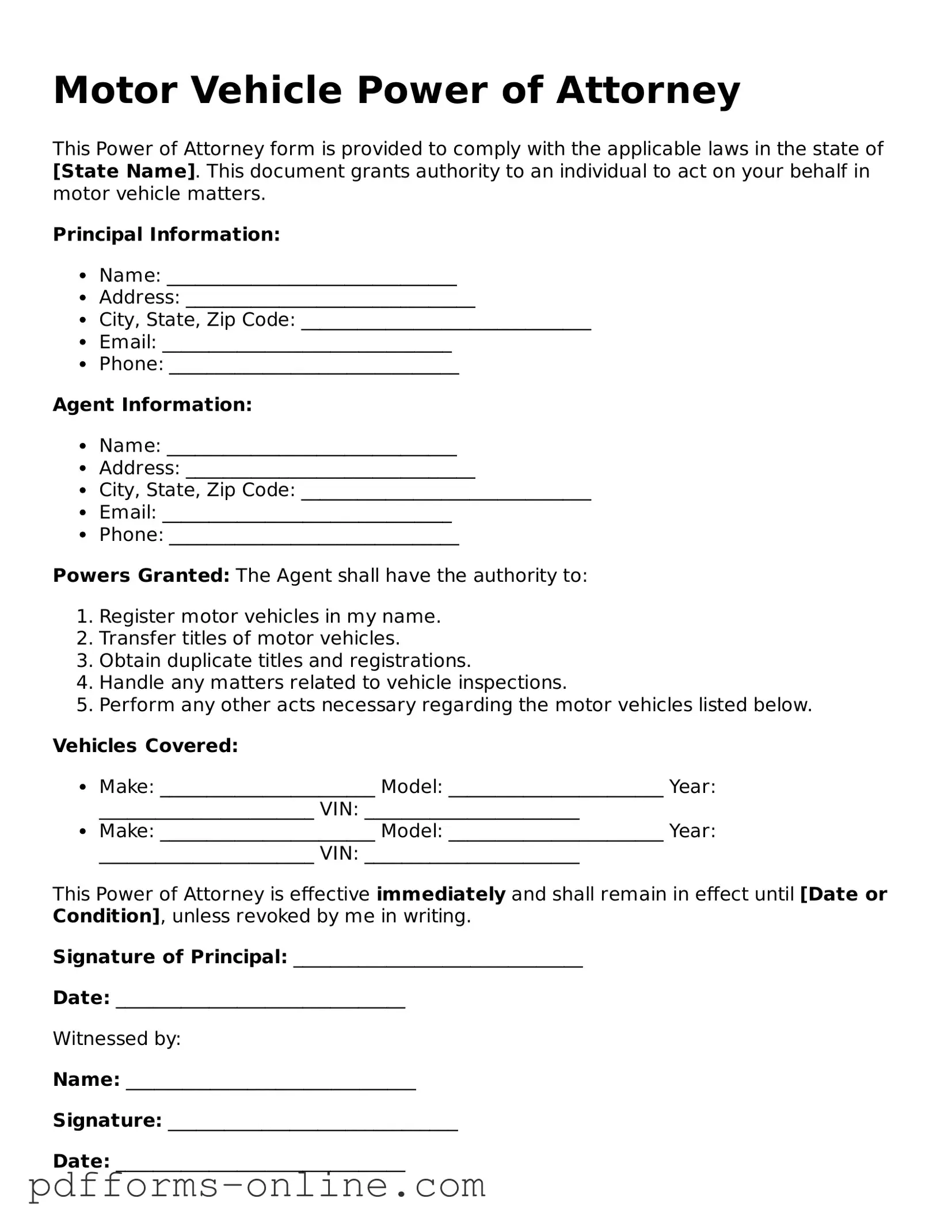 Blank Motor Vehicle Power of Attorney Form