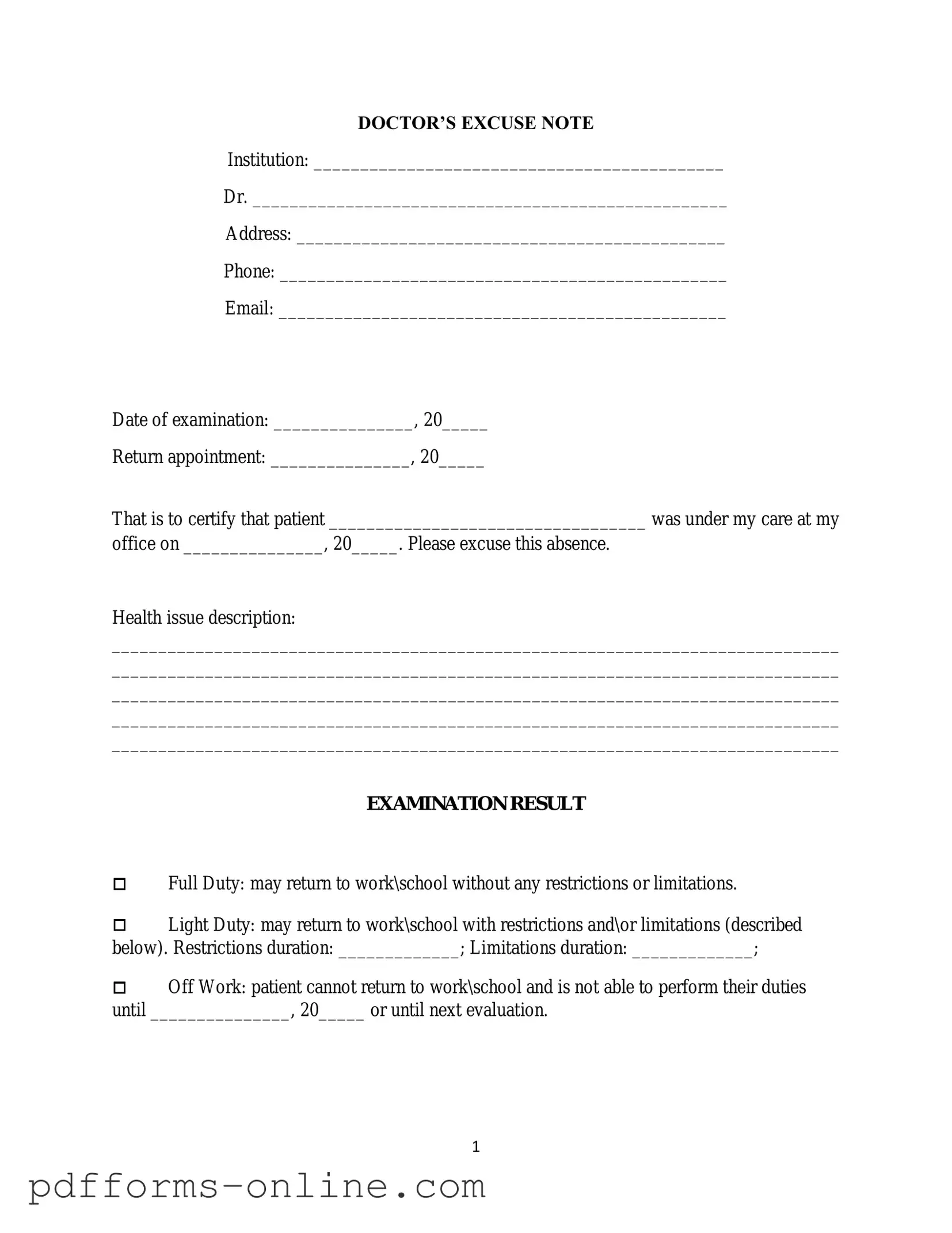 Blank Doctors Excuse Note Template