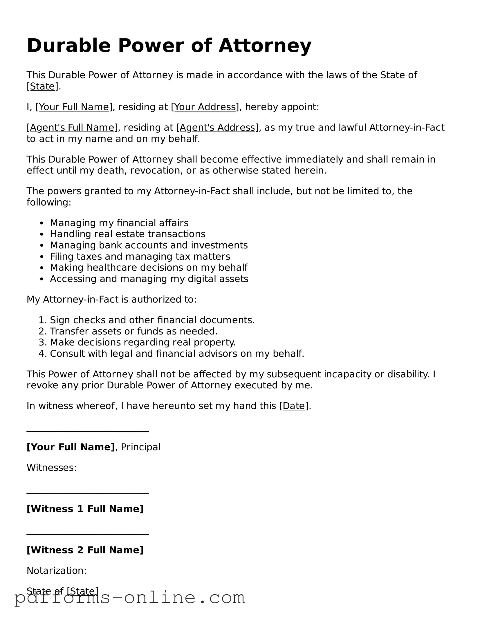 Blank Durable Power of Attorney Form