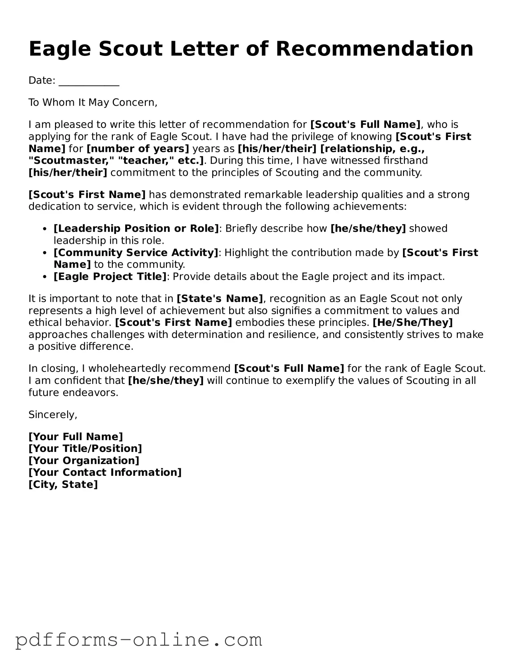 Blank Eagle Scout Letter of Recommendation Form