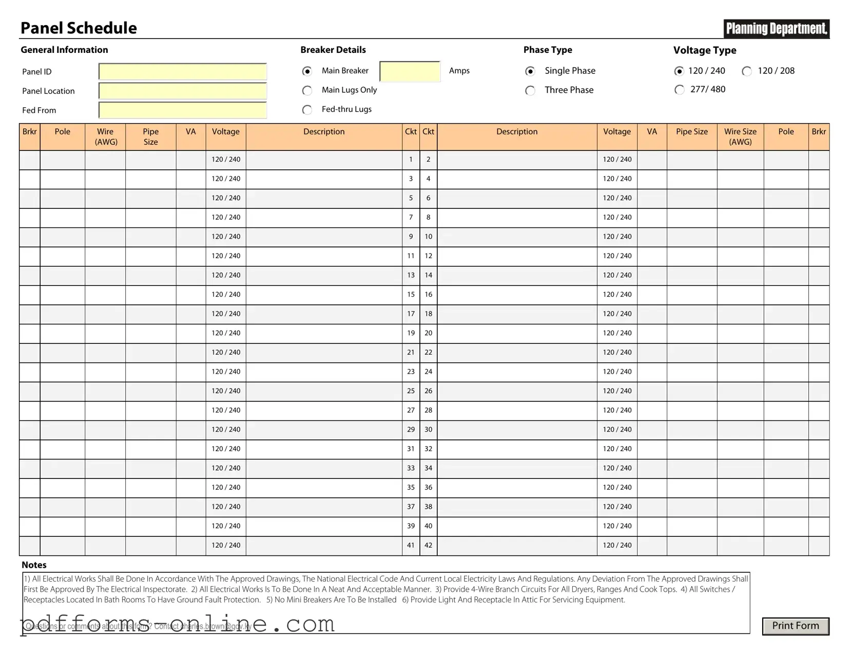 Blank Electrical Panel Schedule Template