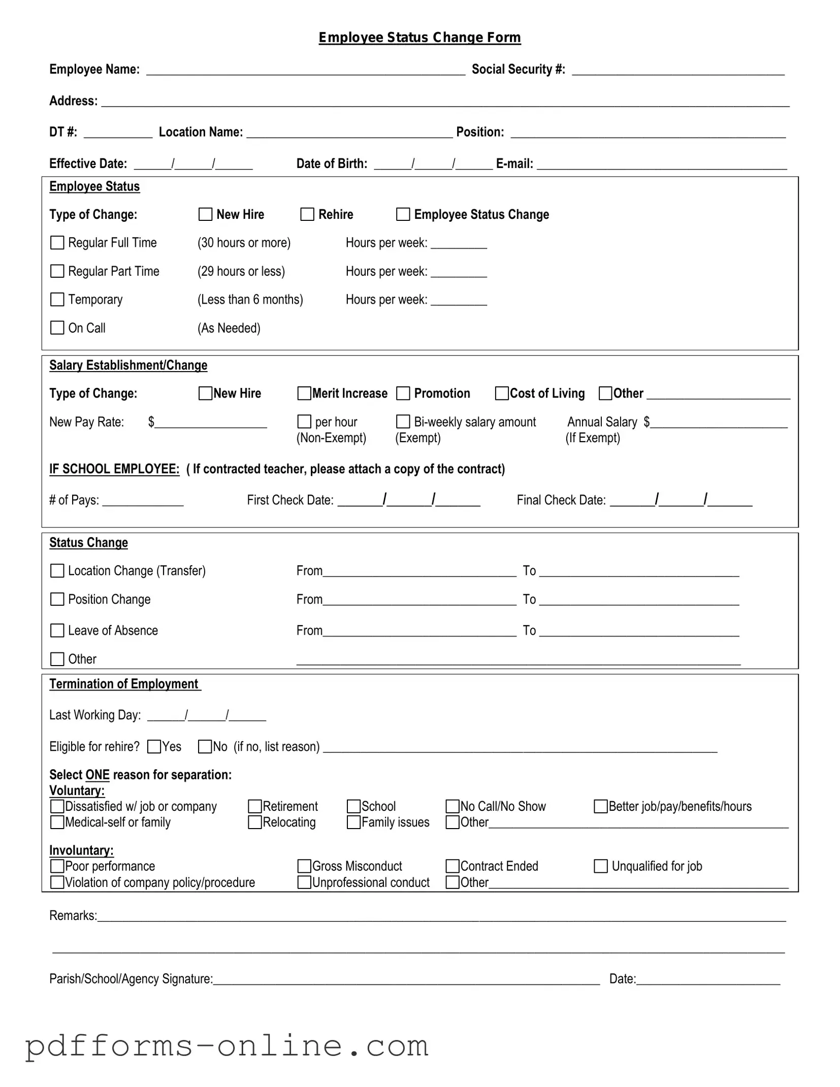 Blank Employee Status Change Template