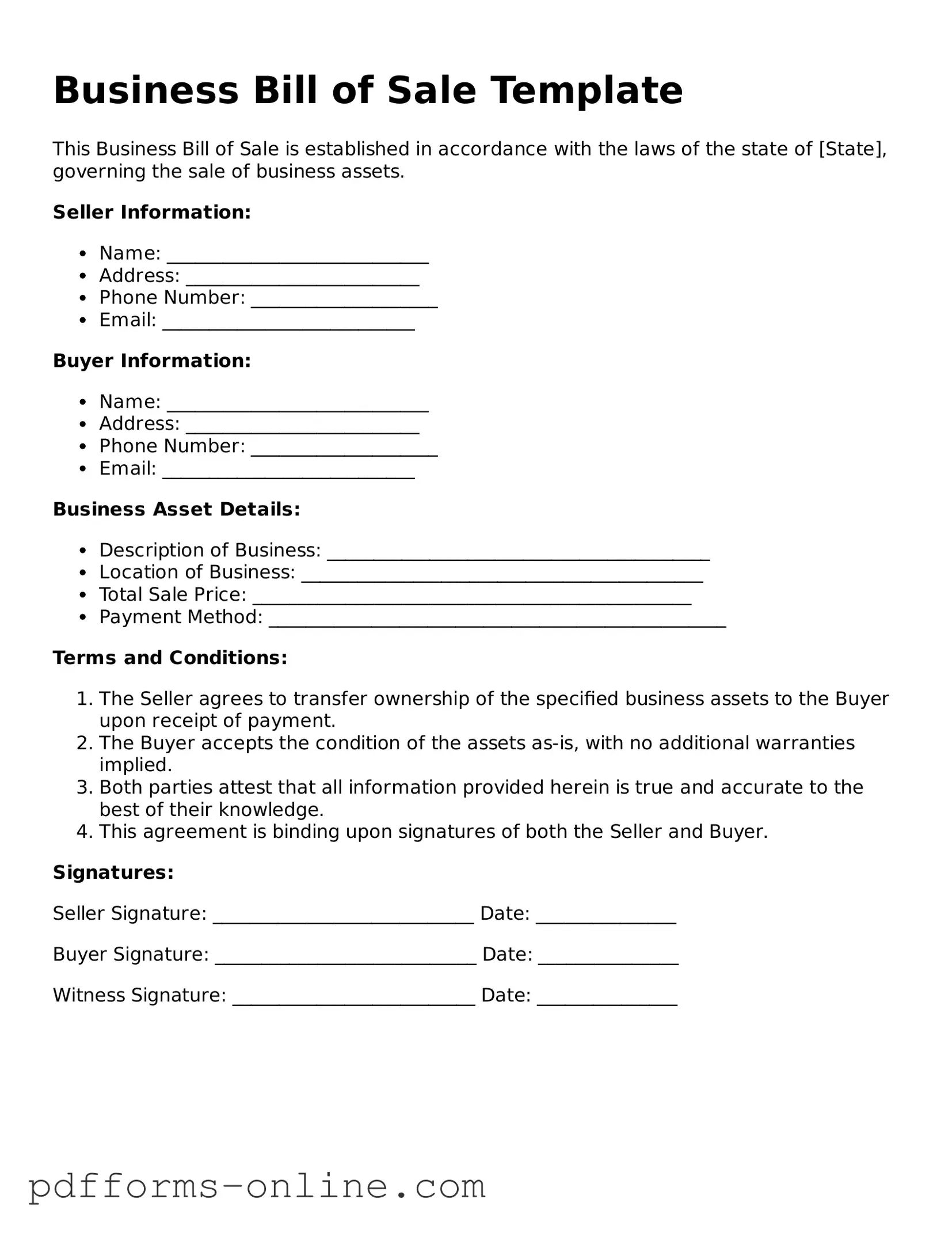 Blank Business Bill of Sale Form