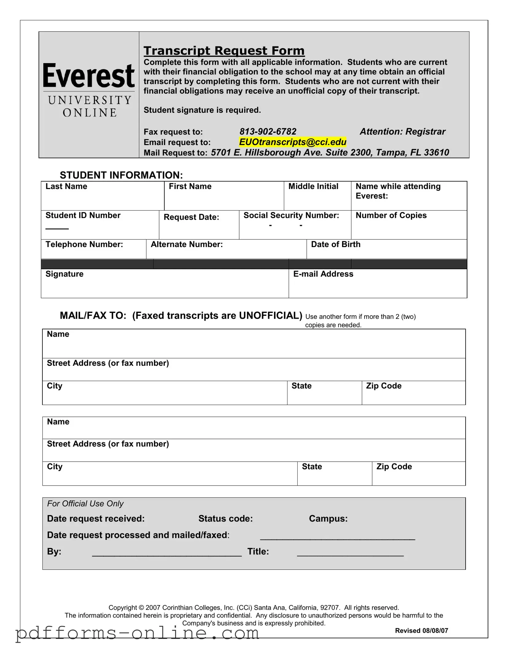 Blank Everest University Transcript Template