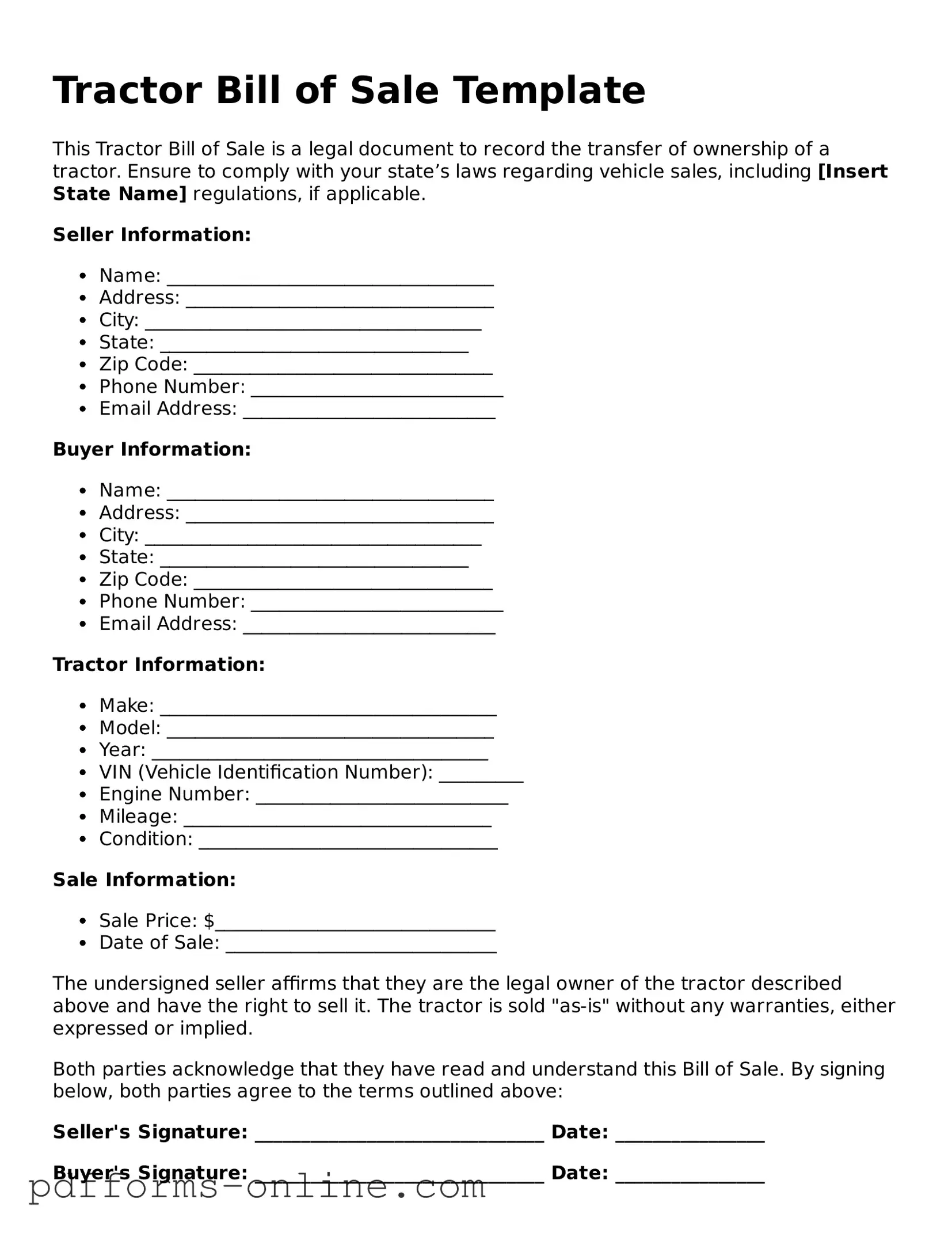 Blank Tractor Bill of Sale Form