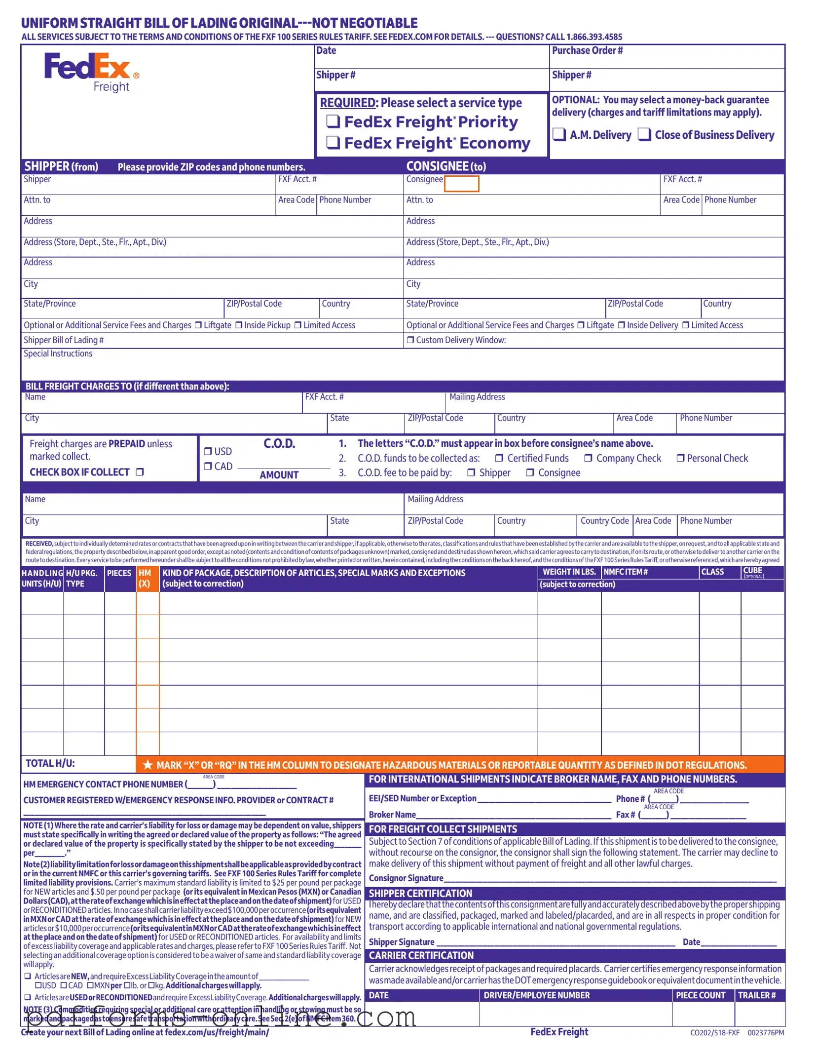 Blank Fedex Bill Of Lading Template