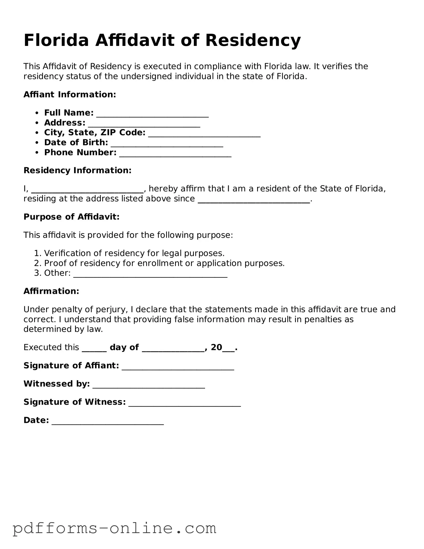 Valid Florida Affidavit of Residency Template