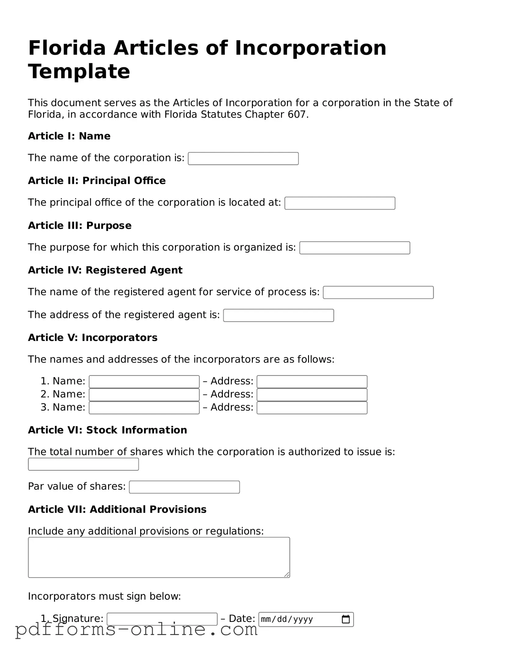 Valid Florida Articles of Incorporation Template