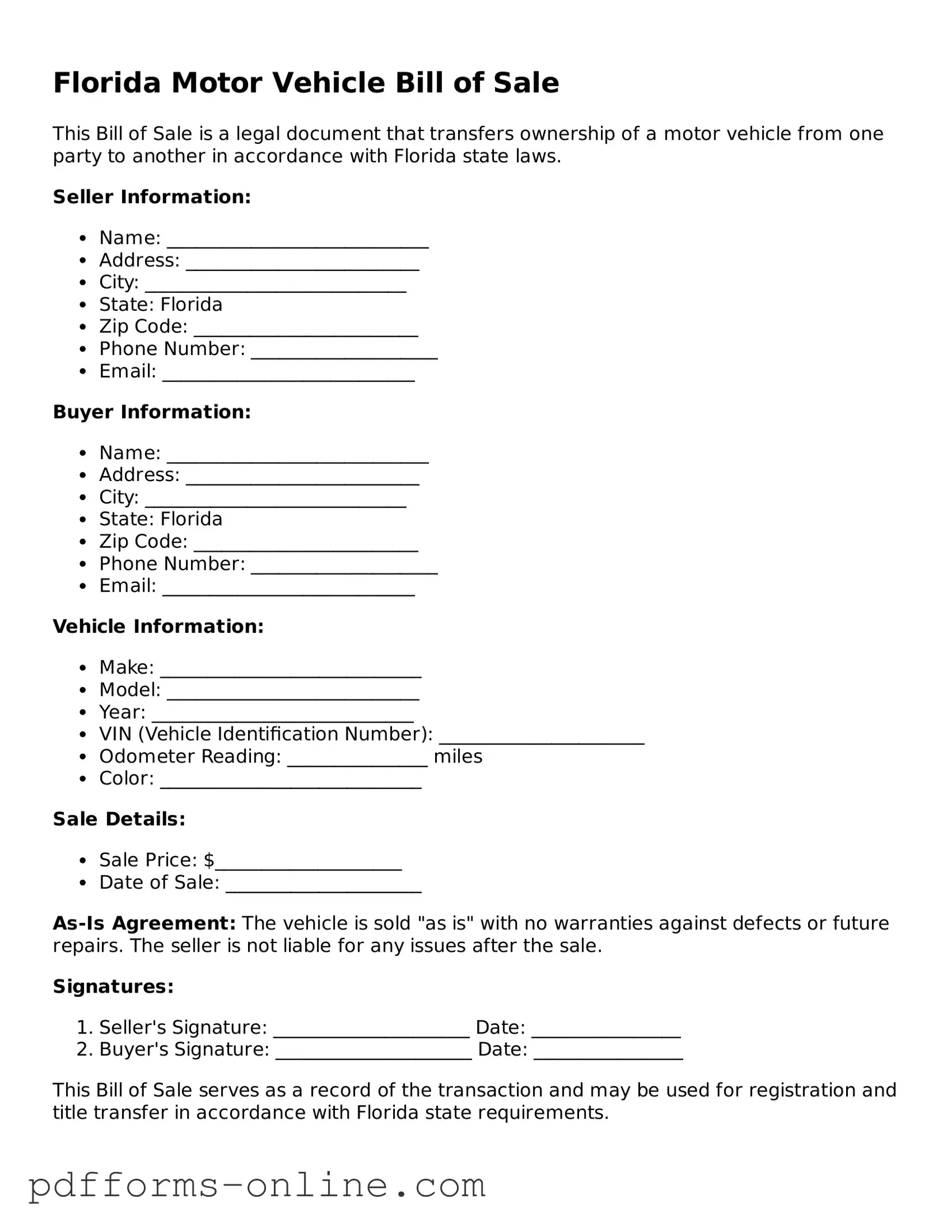 Valid Florida Motor Vehicle Bill of Sale Template
