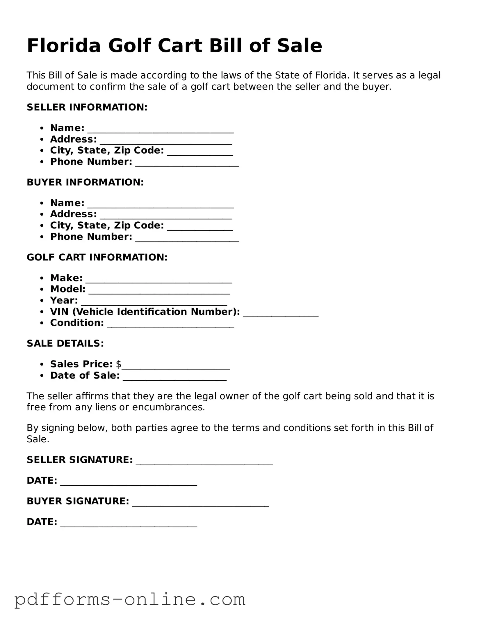 Valid Florida Golf Cart Bill of Sale Template