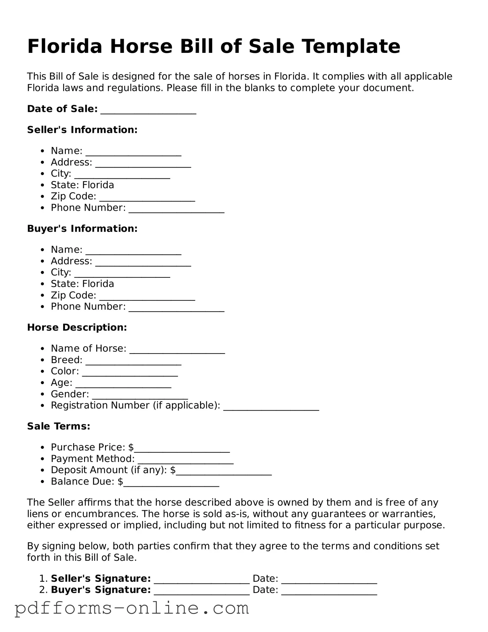 Valid Florida Horse Bill of Sale Template