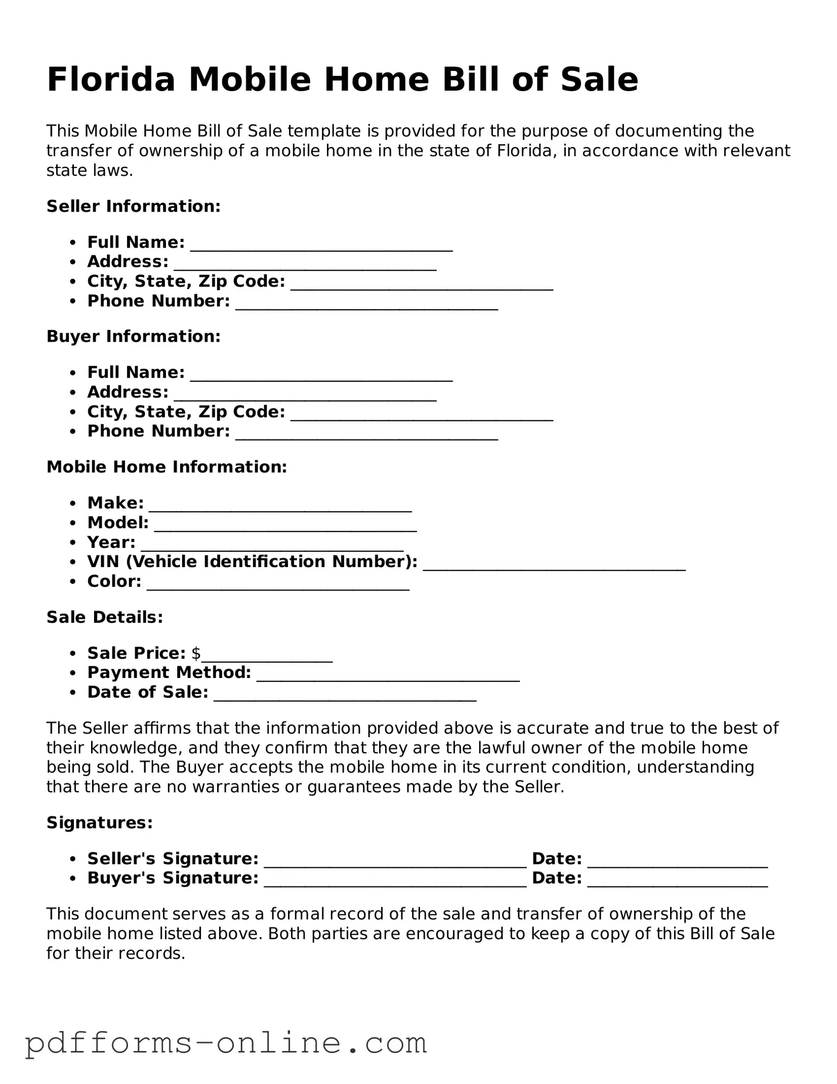 Valid Florida Mobile Home Bill of Sale Template