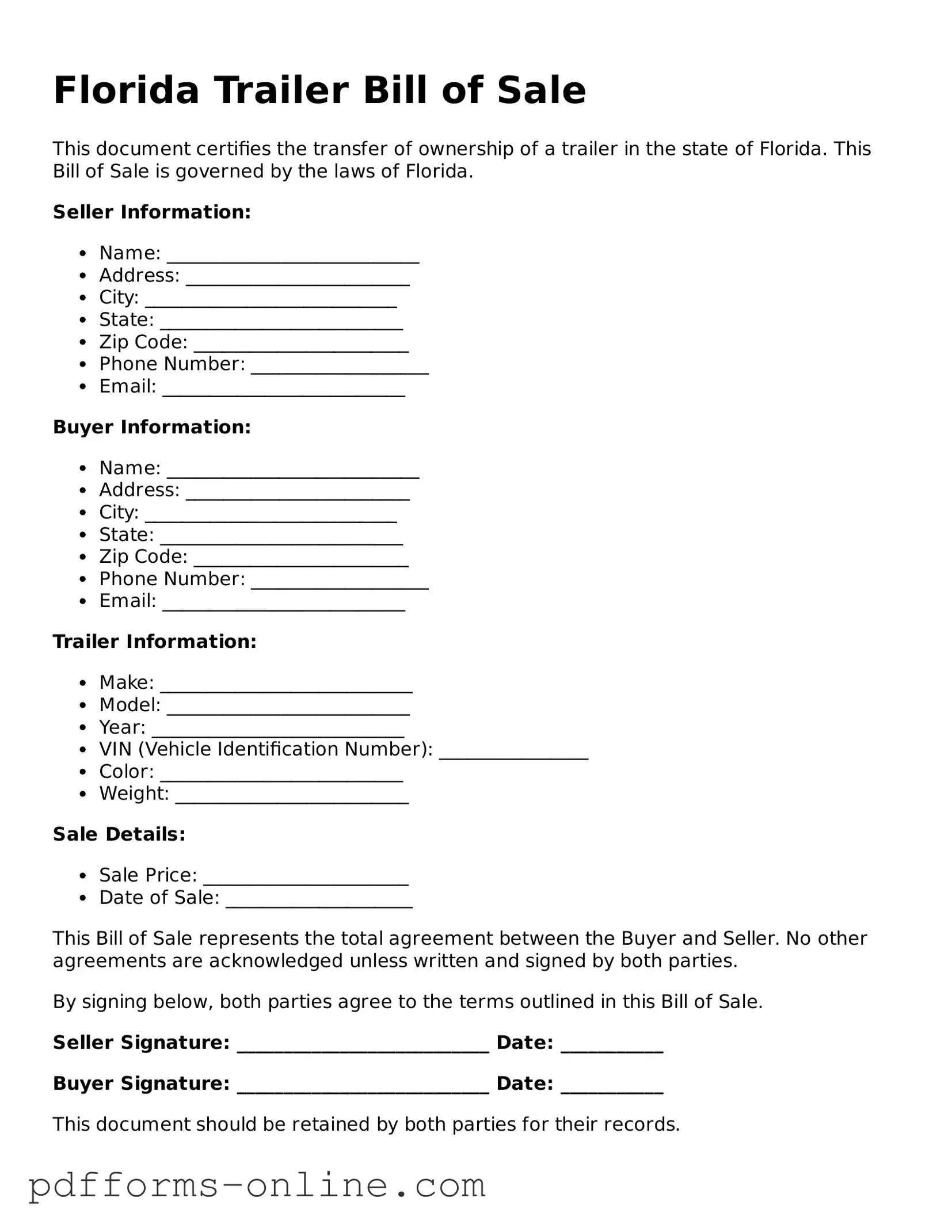 Valid Florida Trailer Bill of Sale Template
