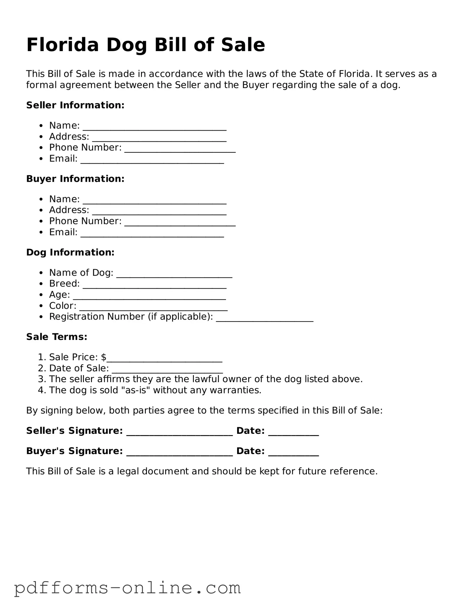 Valid Florida Dog Bill of Sale Template