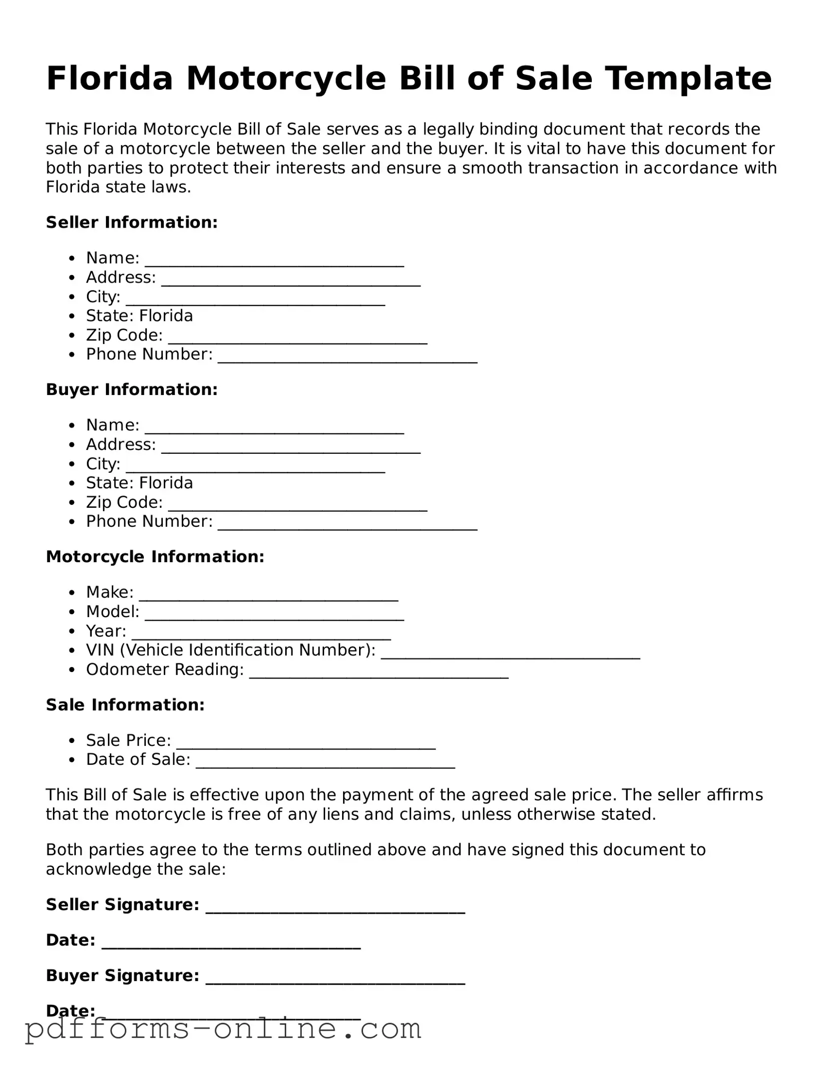 Valid Florida Motorcycle Bill of Sale Template