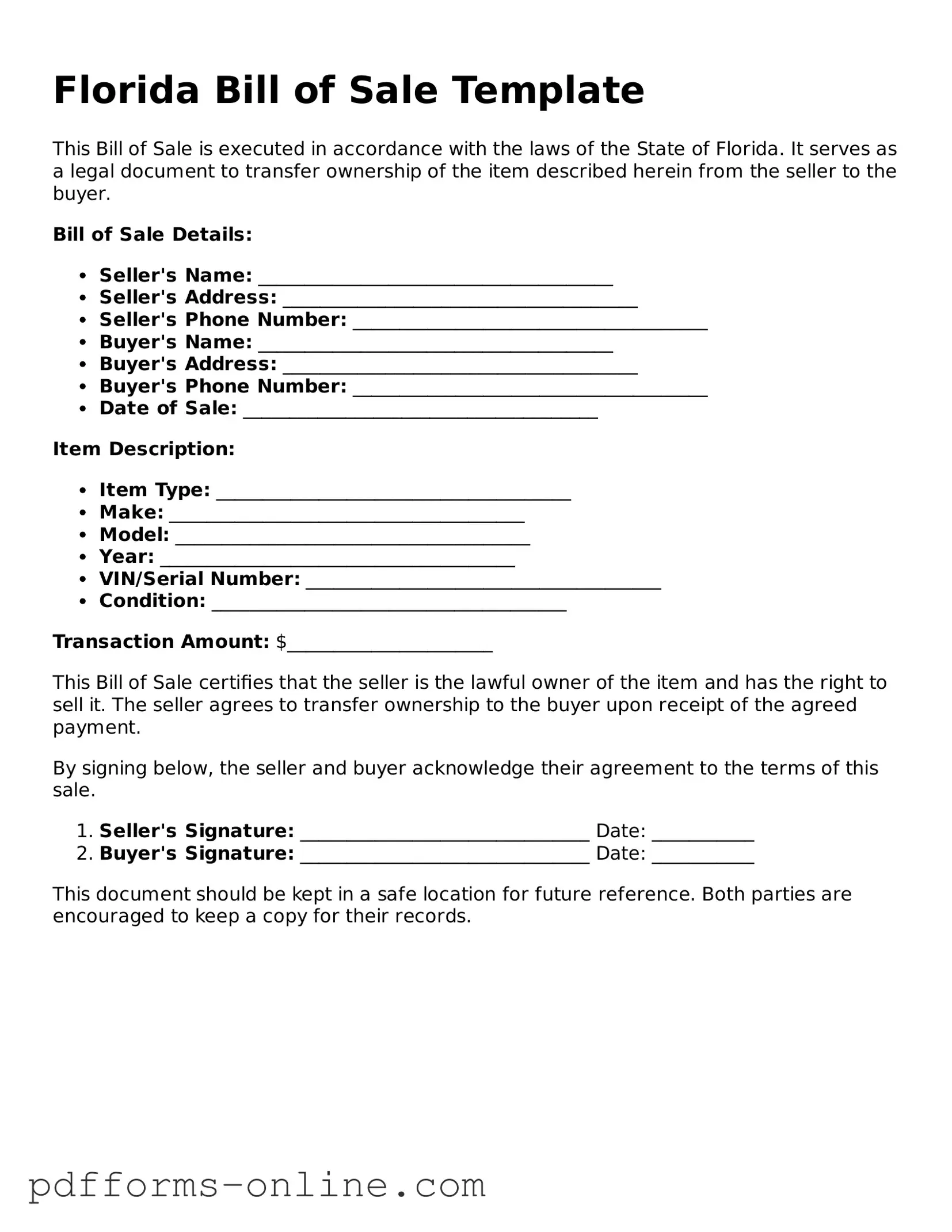 Valid Florida Bill of Sale Template