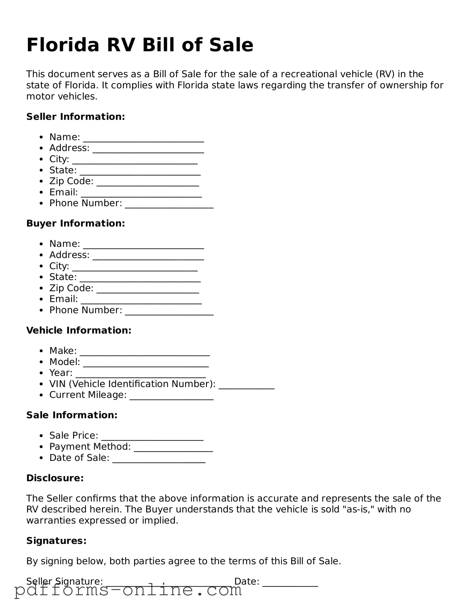 Valid Florida RV Bill of Sale Template