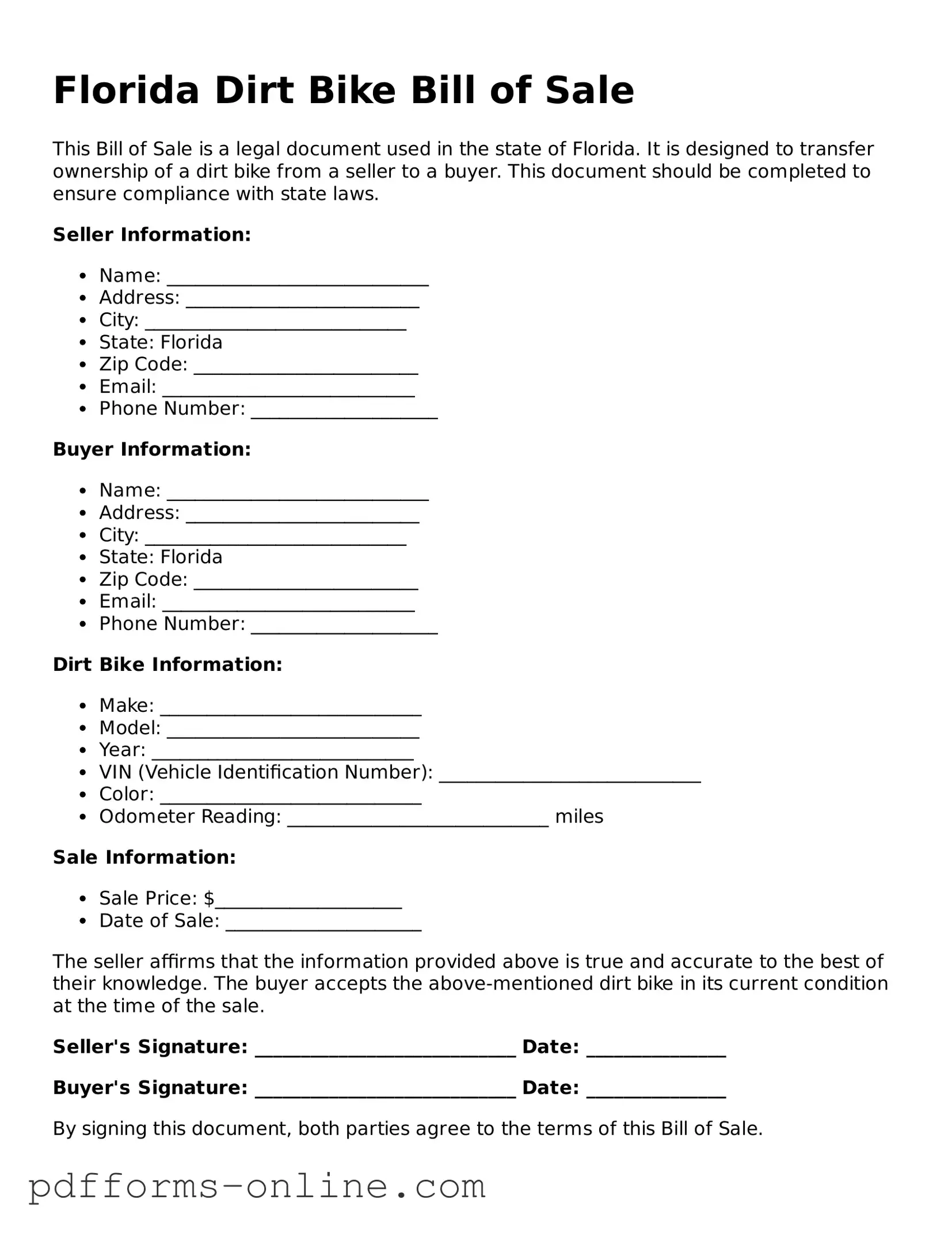 Valid Florida Dirt Bike Bill of Sale Template