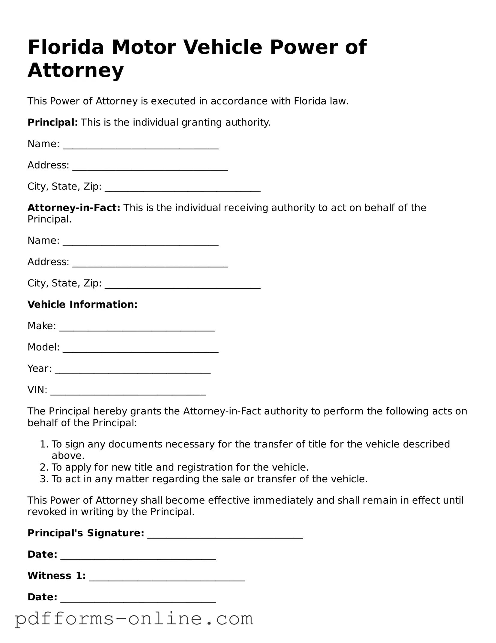 Valid Florida Motor Vehicle Power of Attorney Template