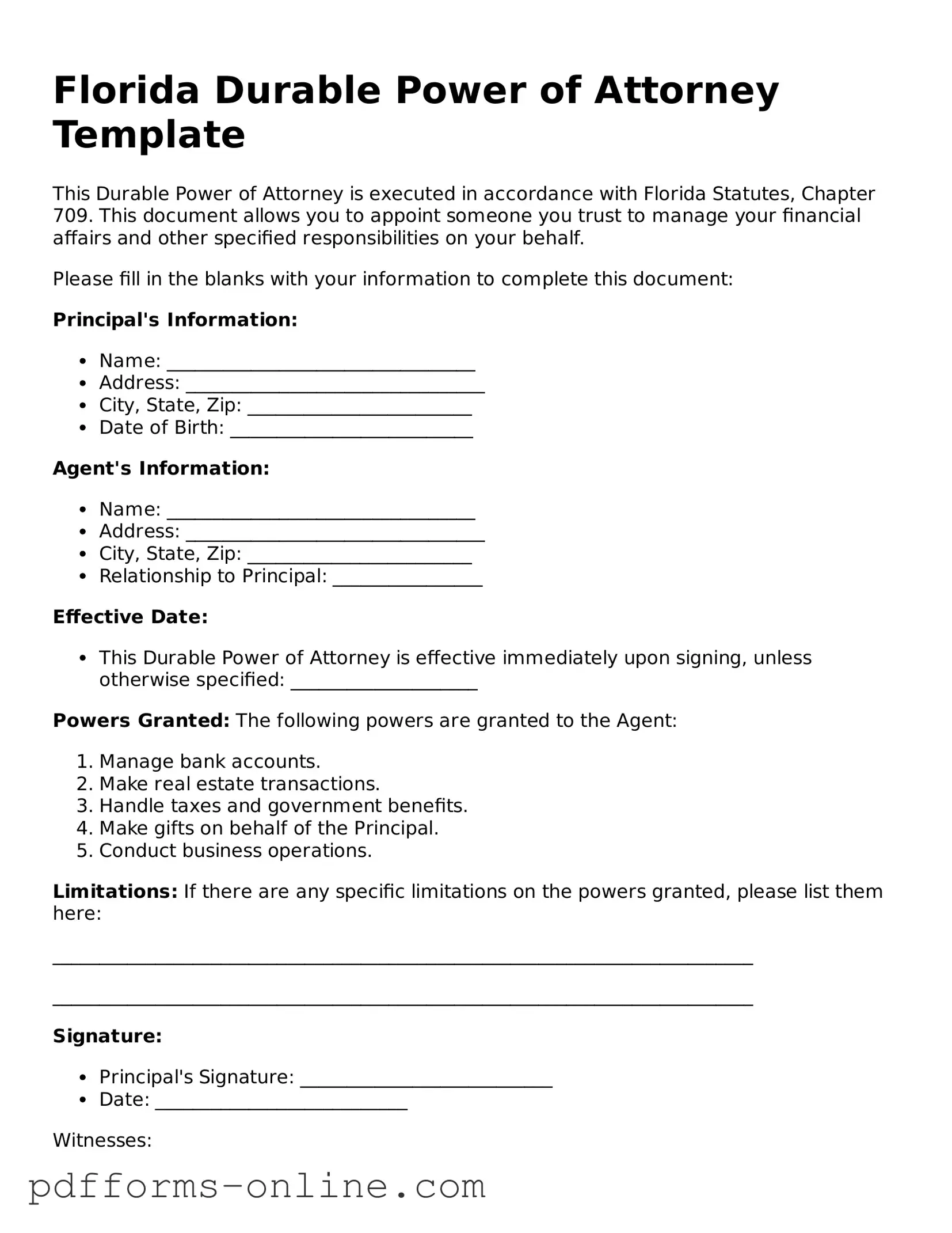 Valid Florida Durable Power of Attorney Template