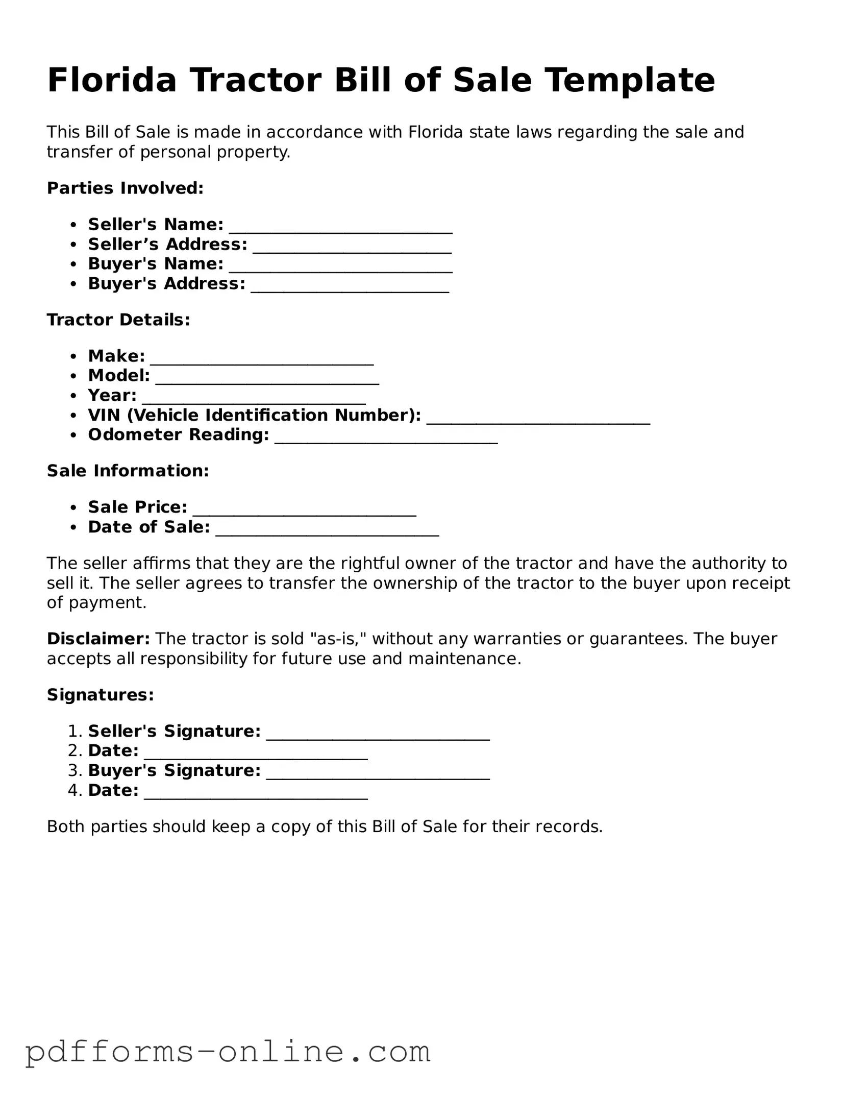 Valid Florida Tractor Bill of Sale Template