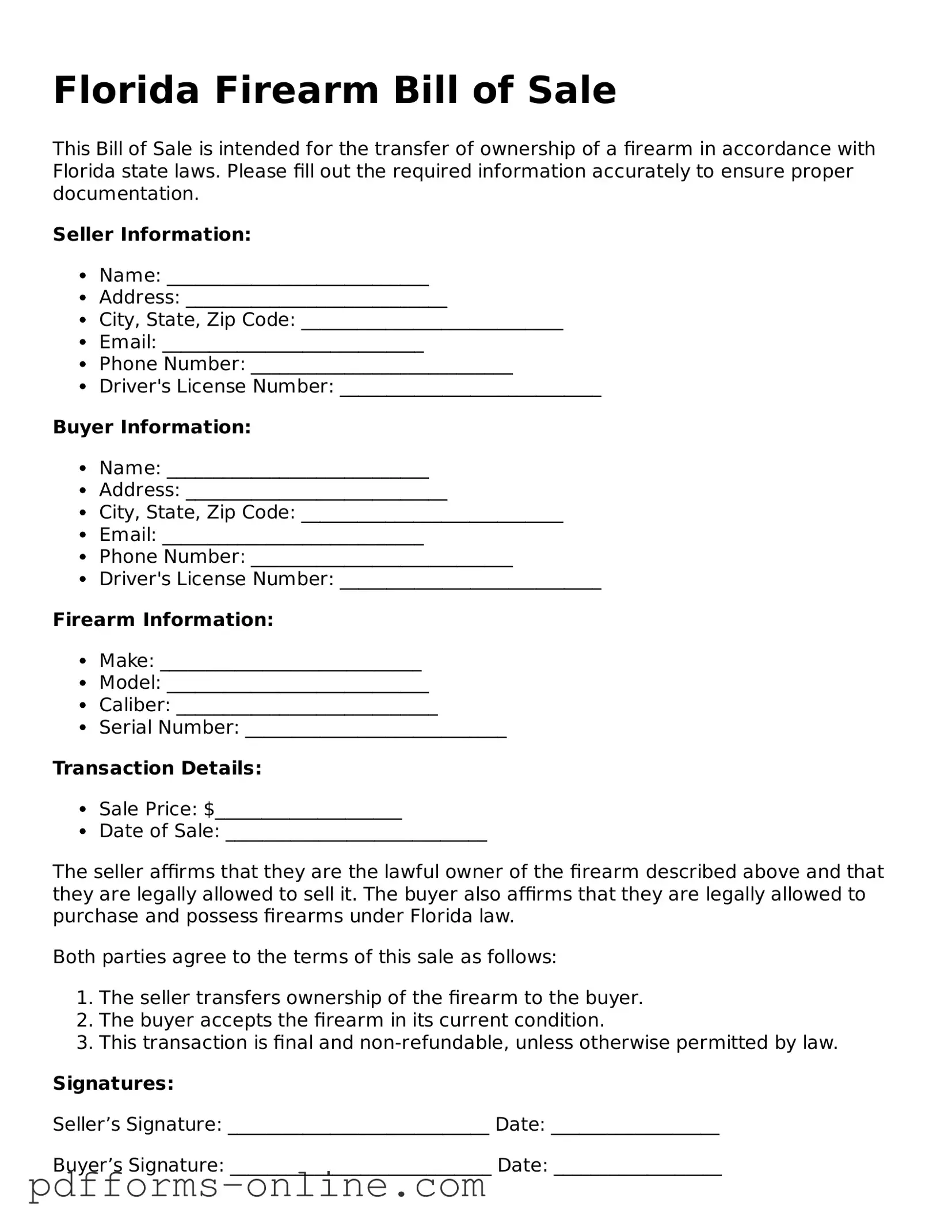 Valid Florida Firearm Bill of Sale Template