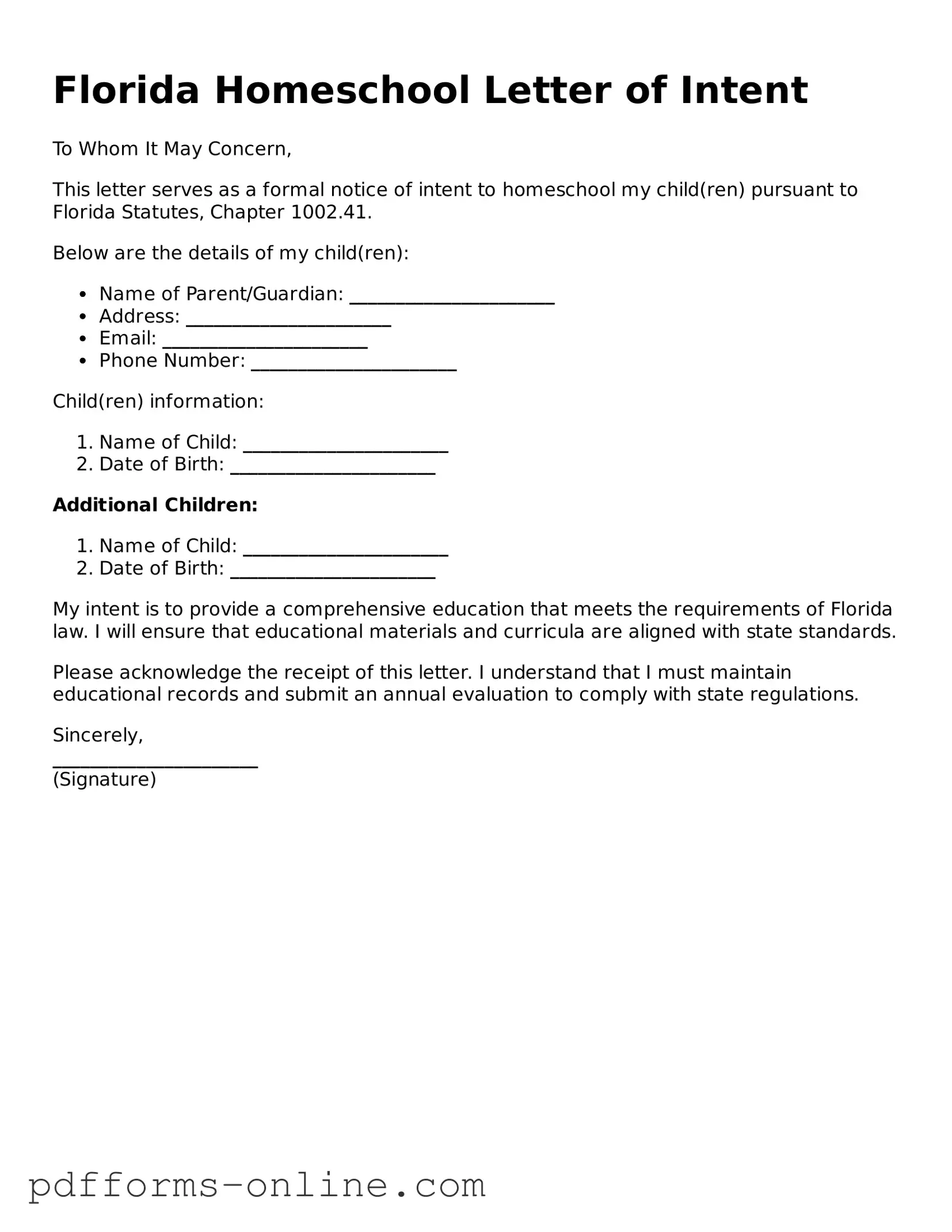 Valid Florida Homeschool Letter of Intent Template
