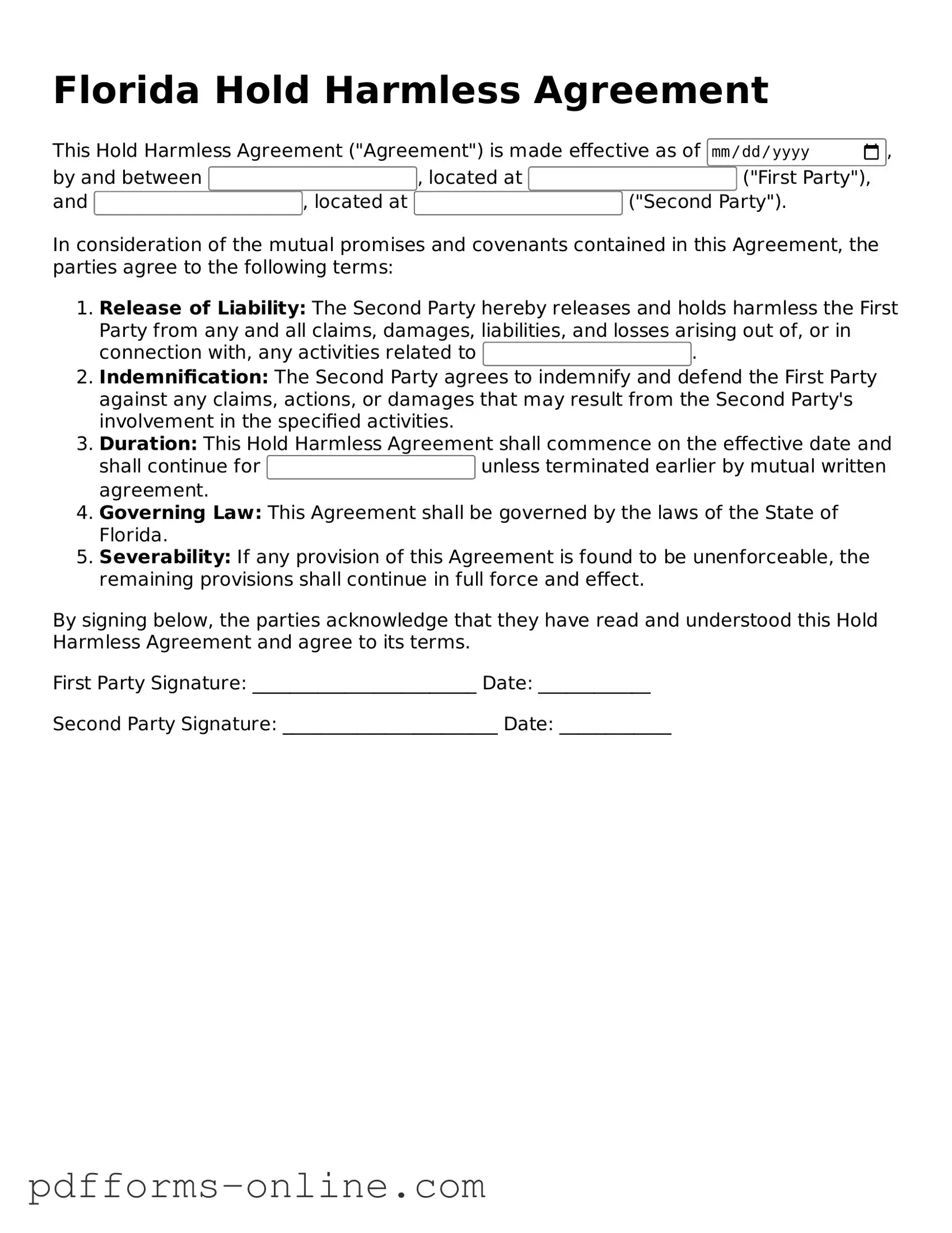 Valid Florida Hold Harmless Agreement Template