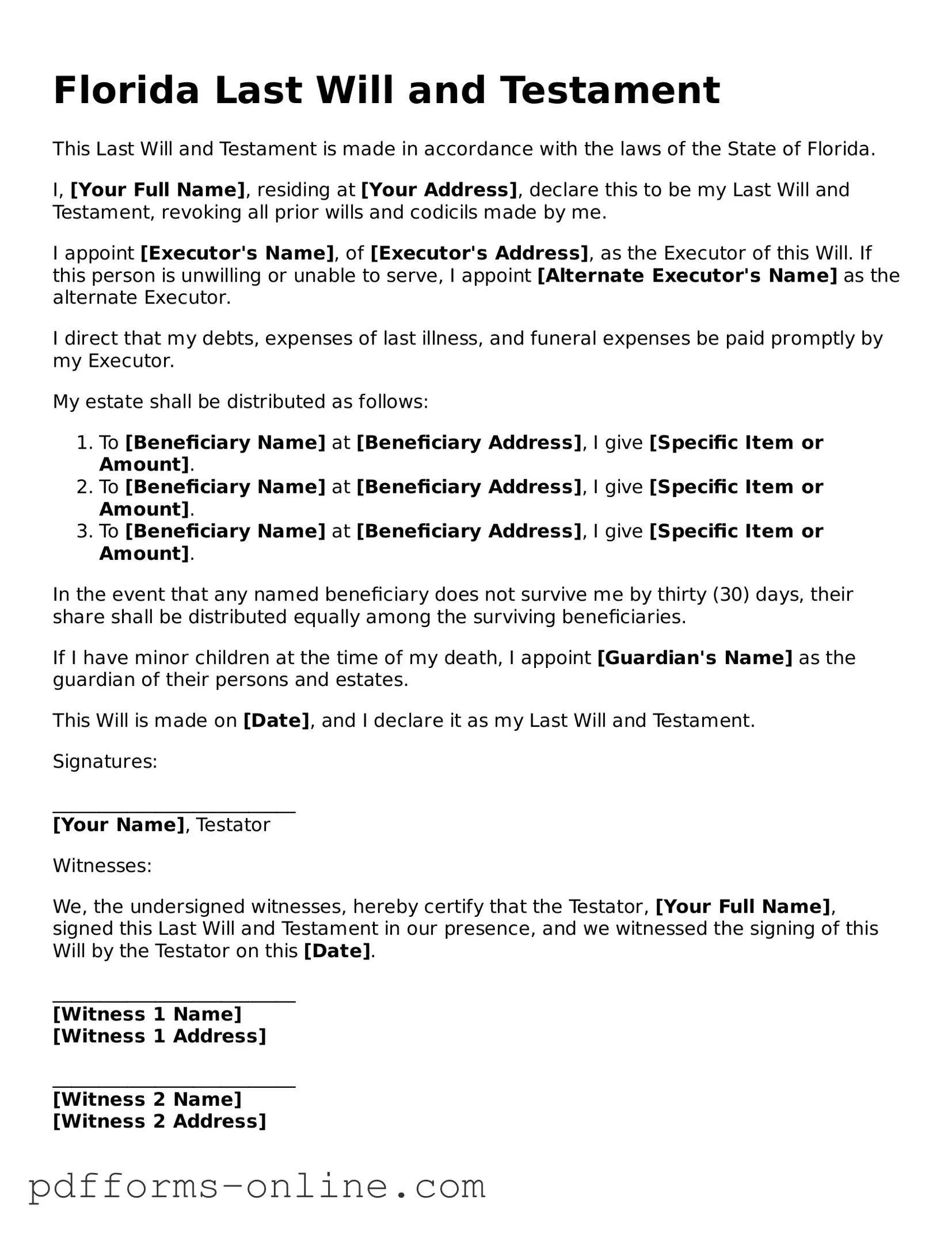 Valid Florida Last Will and Testament Template