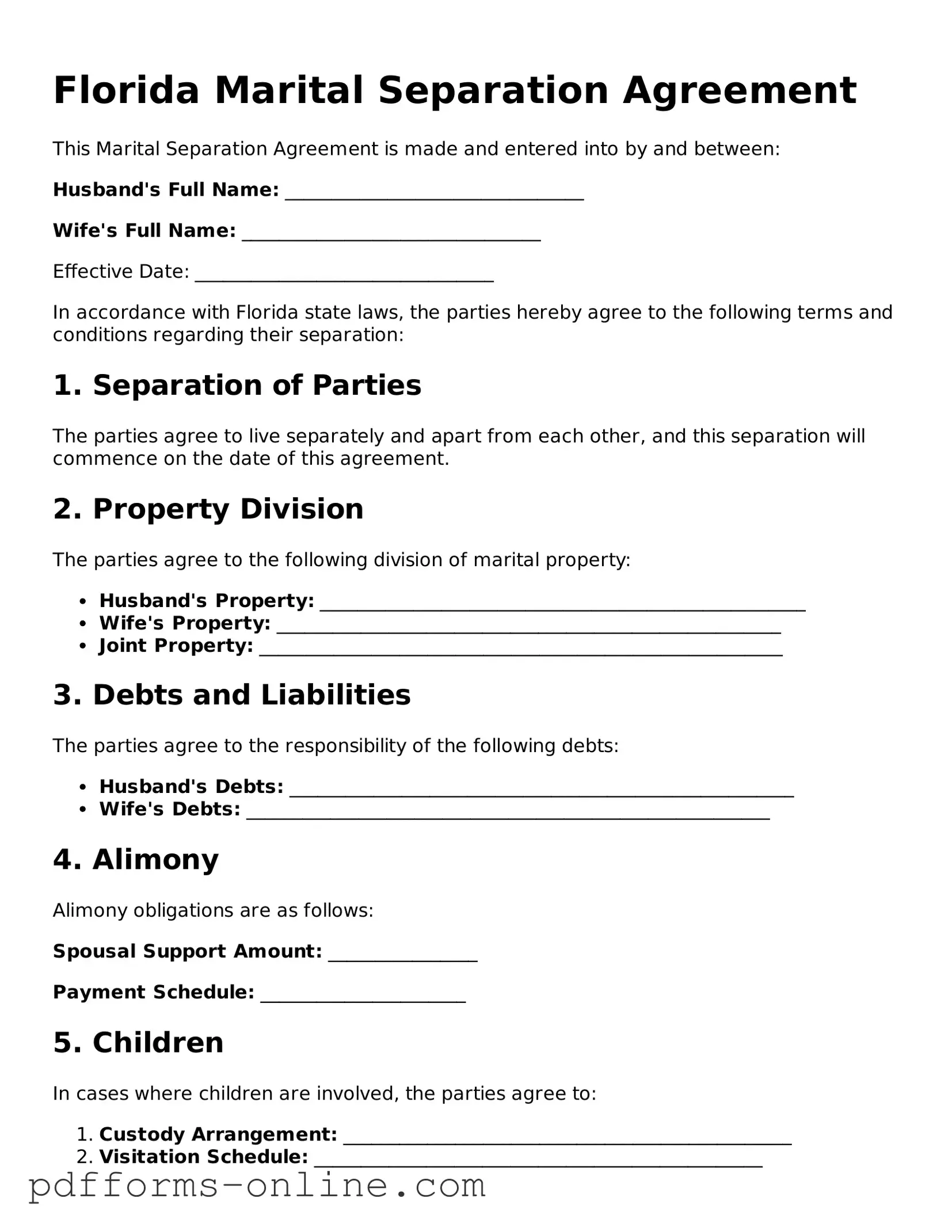 Valid Florida Marital Separation Agreement Template