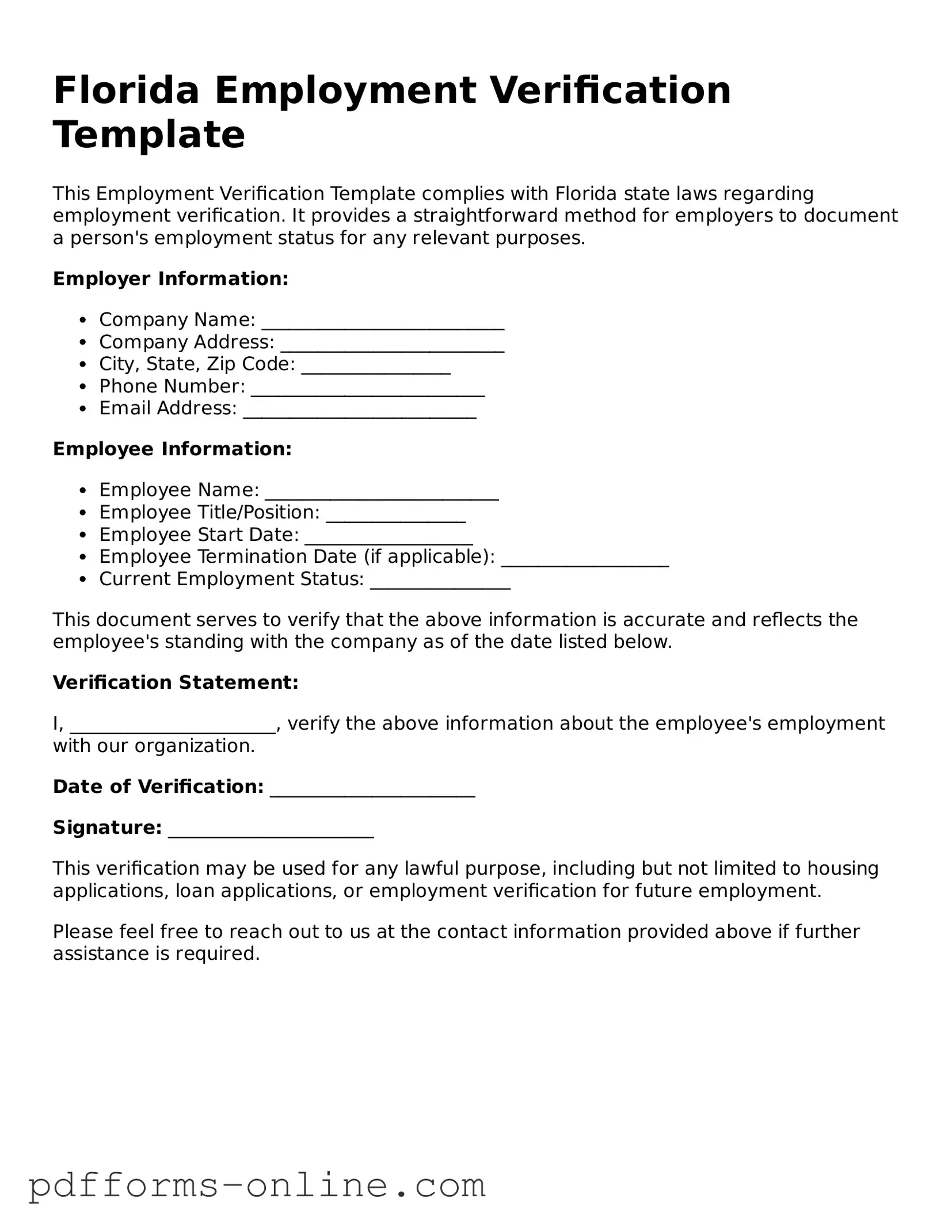 Valid Florida Employment Verification Template