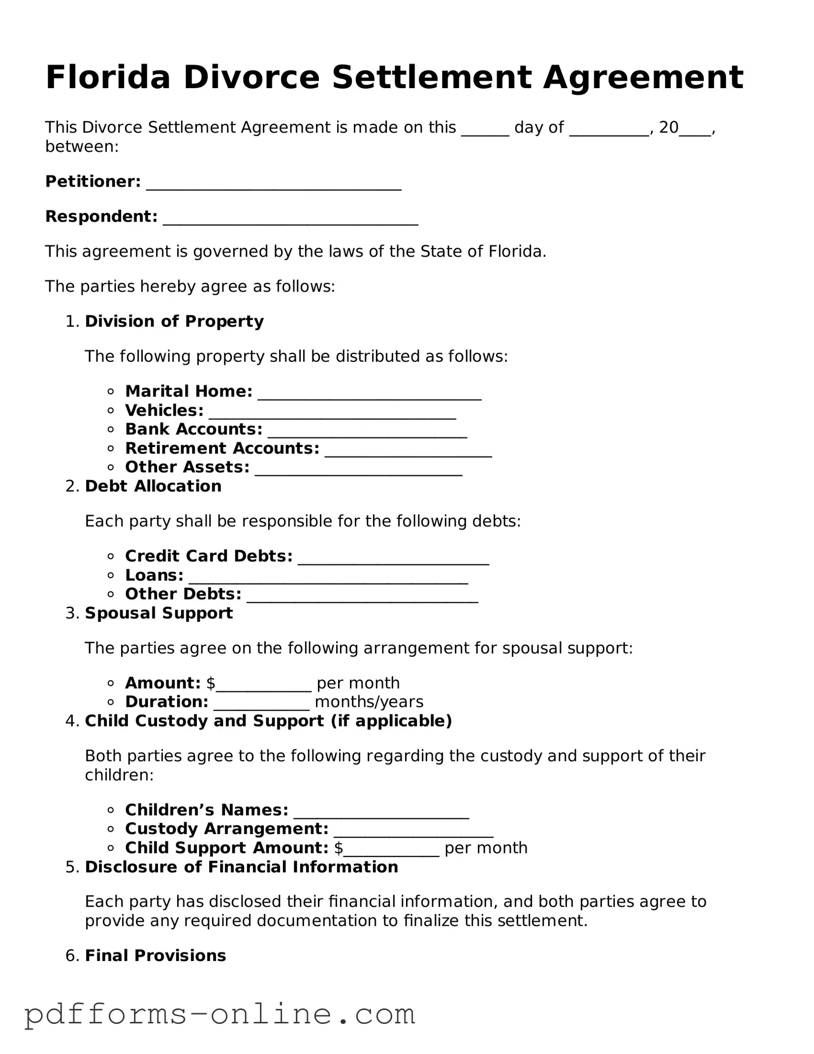 Valid Florida Divorce Settlement Agreement Template