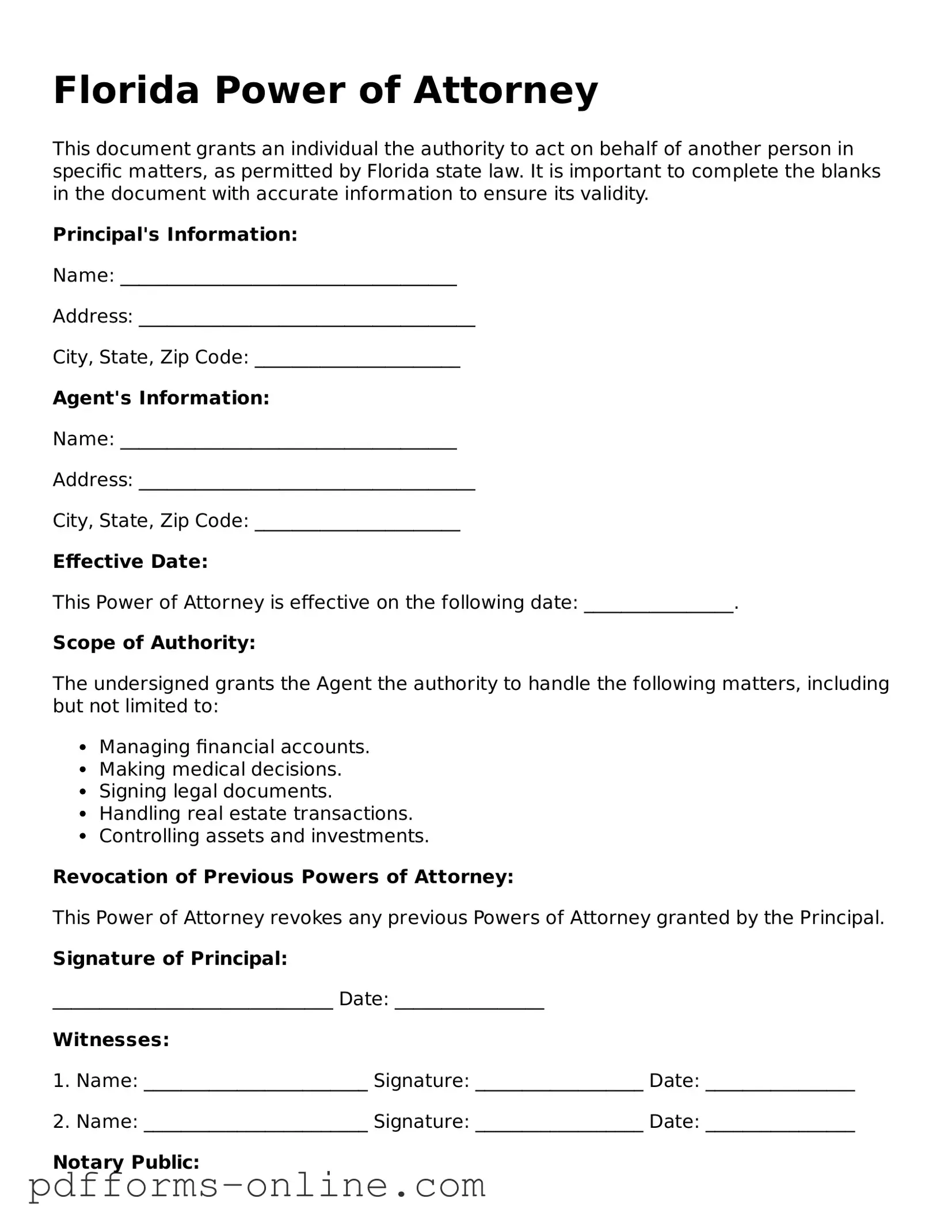Valid Florida Power of Attorney Template