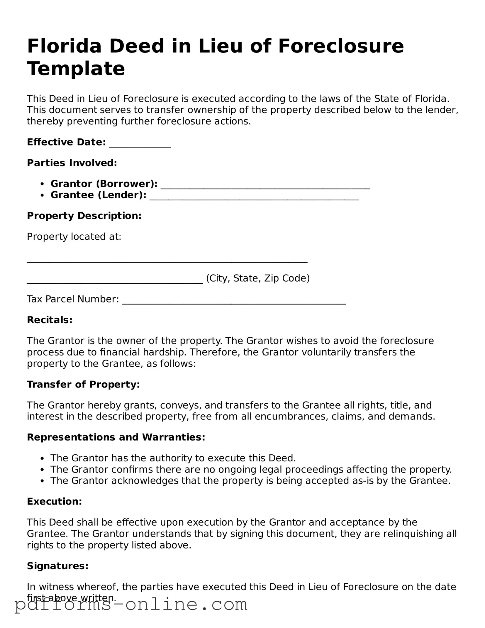 Valid Florida Deed in Lieu of Foreclosure Template