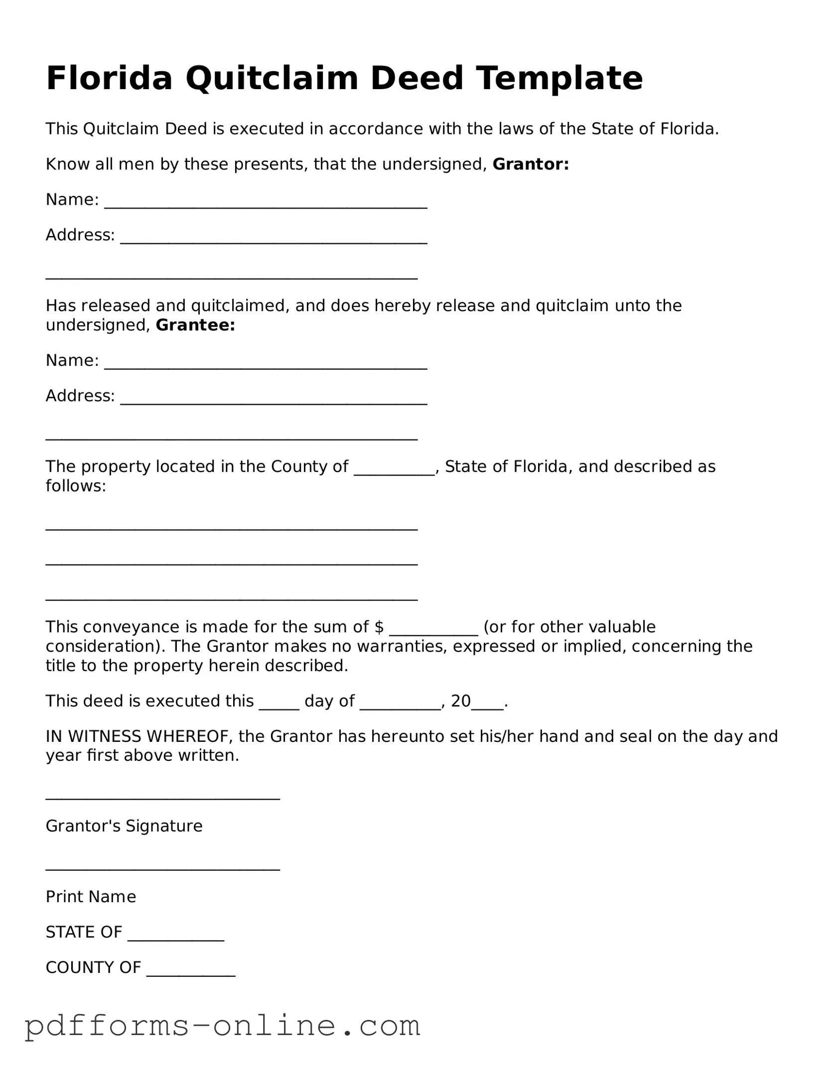 Valid Florida Quitclaim Deed Template