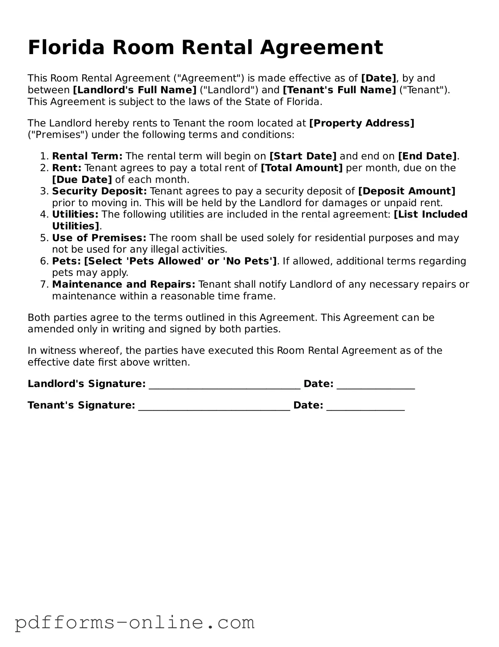 Valid Florida Room Rental Agreement Template
