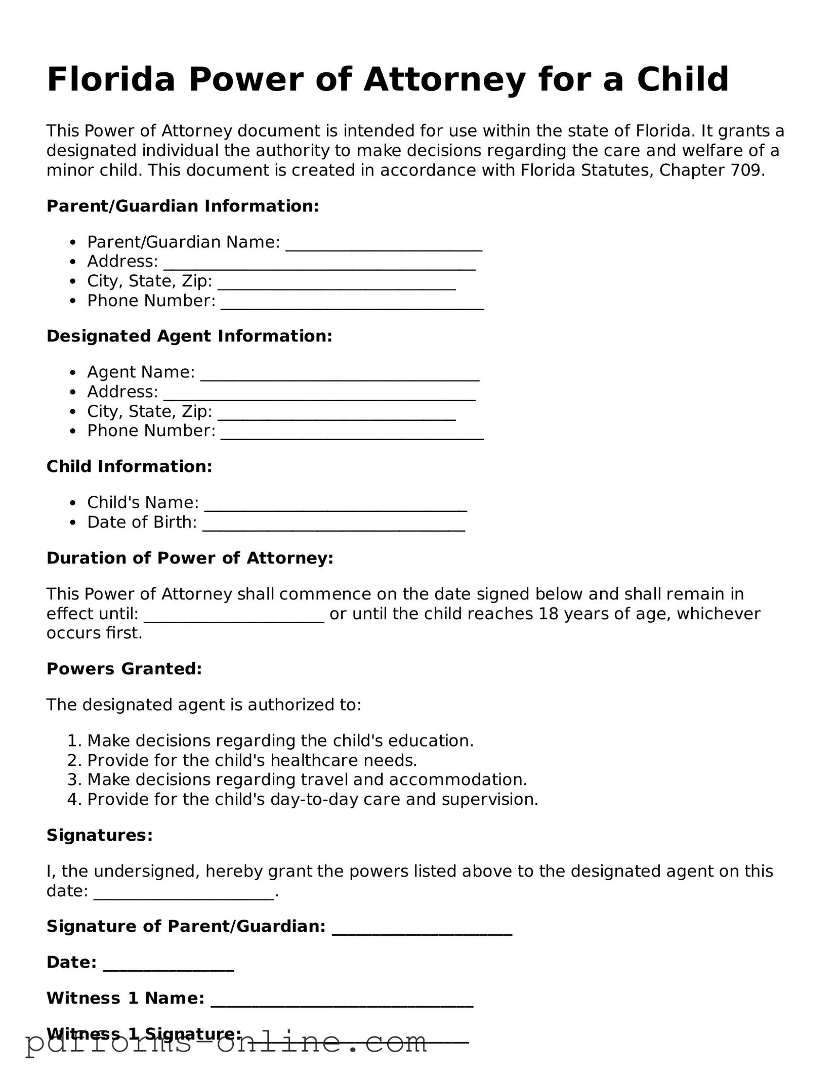 Valid Florida Power of Attorney for a Child Template