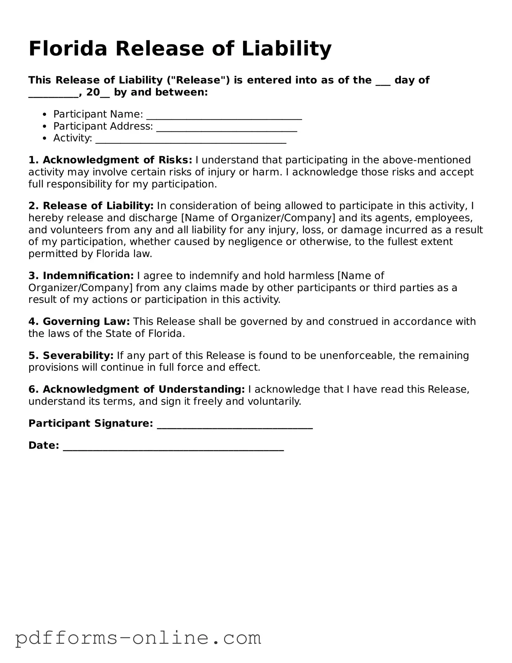 Valid Florida Release of Liability Template
