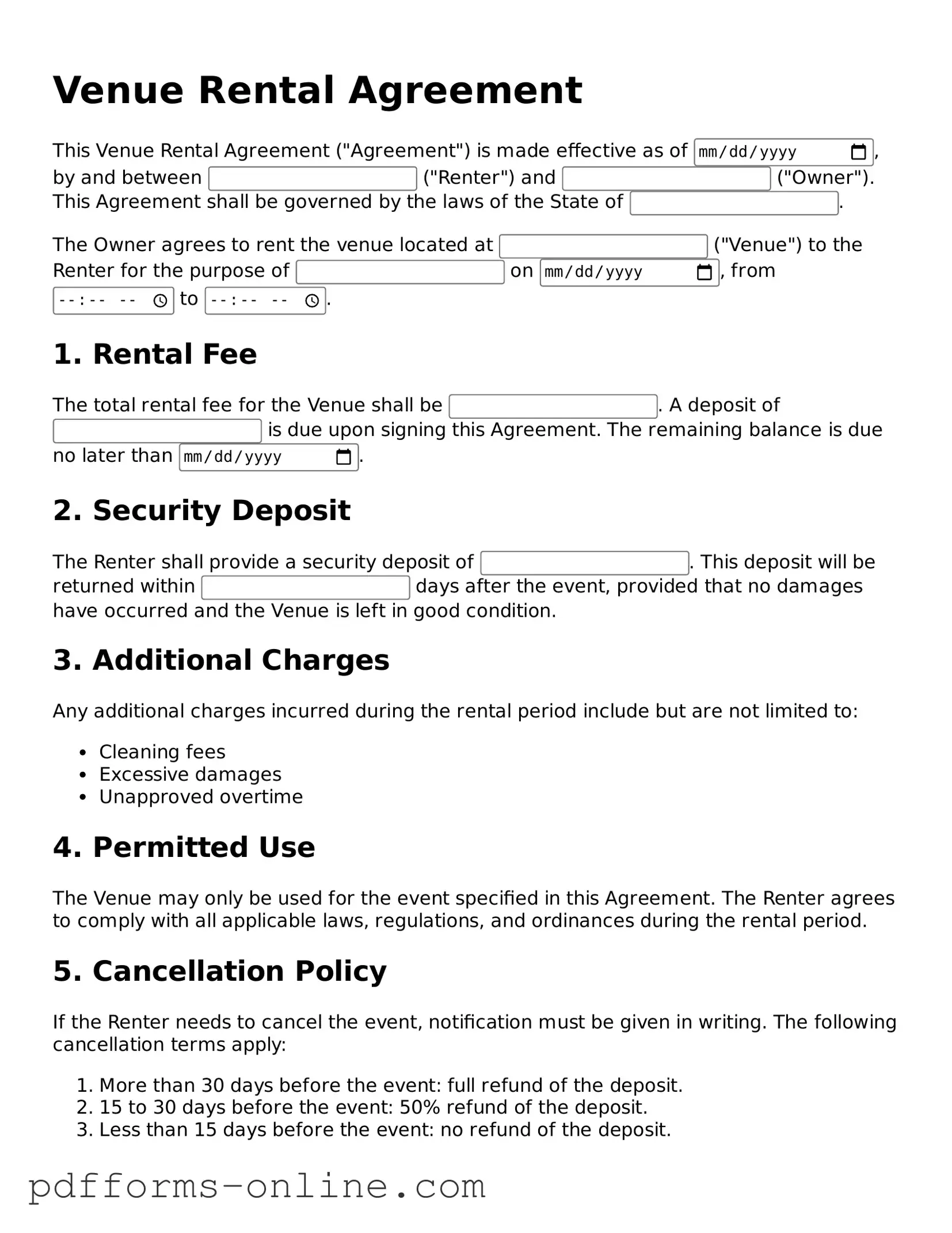 Blank Venue Rental Agreement Form